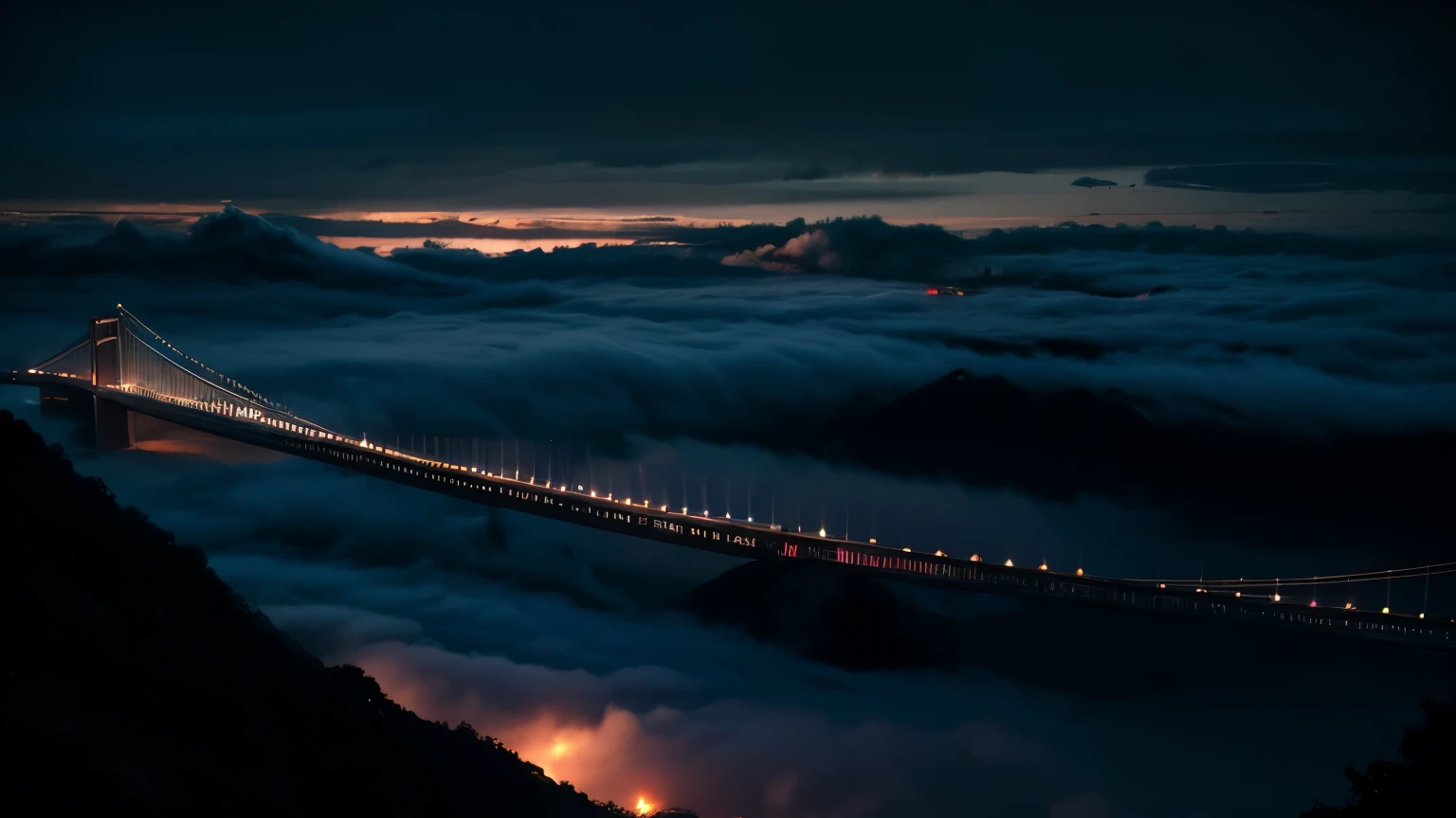 tech noir, masterpiece, best quality, 8k wallpaper, super detailed, low saturated colors, Simple and neat design, Dark and moody atmosphere, breathtakingly beautiful, subtle accent light, background only, Sea of clouds and suspension bridge, Suspension bridge covered in clouds
