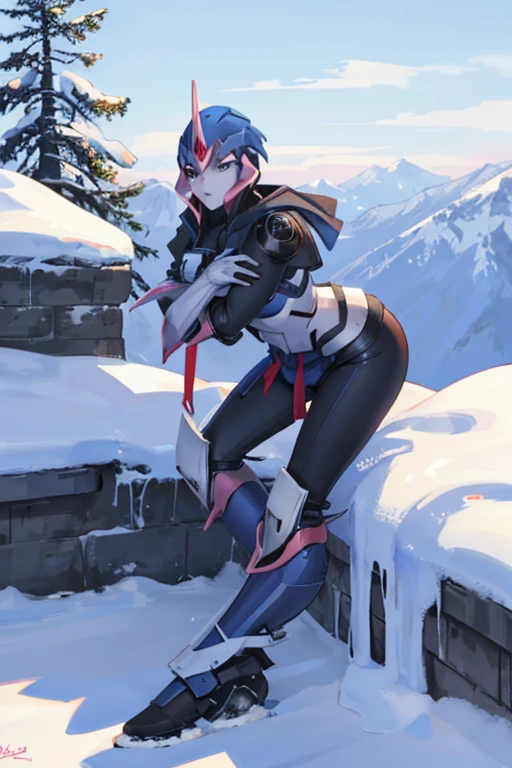 Arcee shivering from the cold on a mountain full of snow while she has her hands hugging herself from the cold and her legs crossed when she is standing