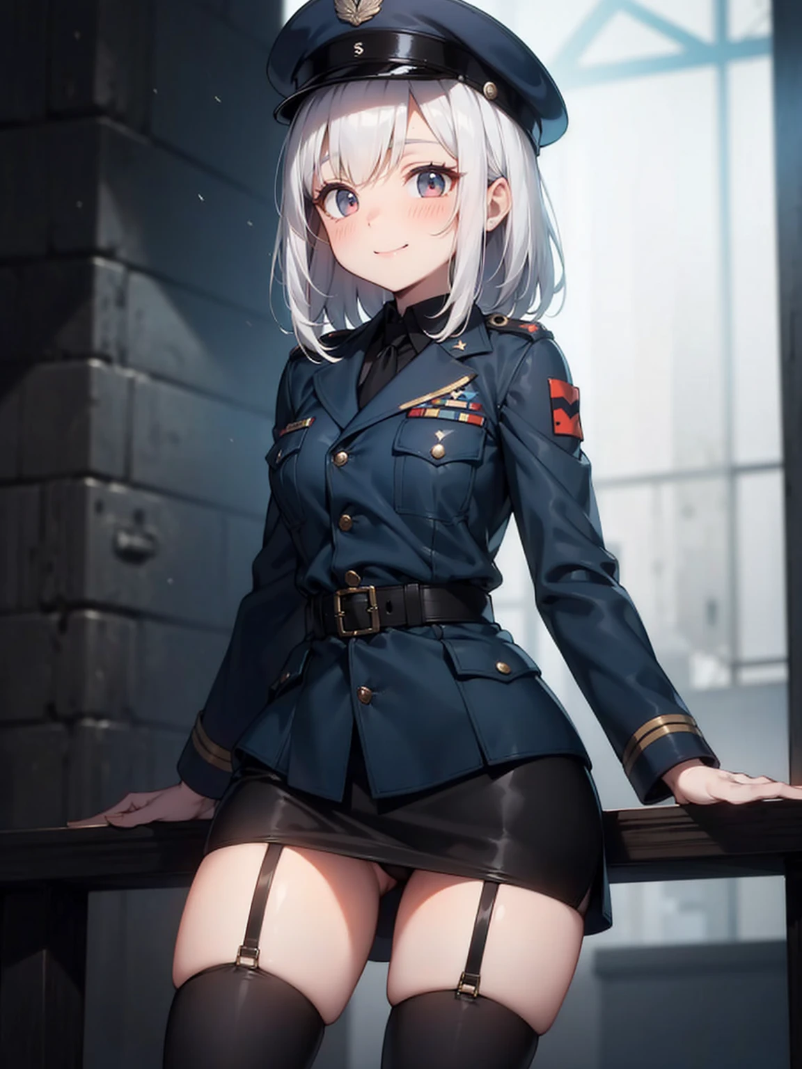 white pale skin, black stocking, black chocker, black clothes, black ww2 ss uniform, military, german soldier, german officer hat, insanely Beautiful Little pale gothic girl, scifi temple, smile, blush