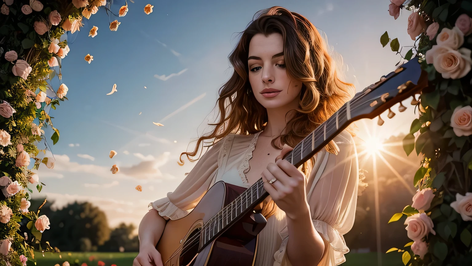 Bust portrait of Anne Hathaway playing guitar in the middle of a blooming rose garden, rose petals flying across the sky, woman wearing a silk dress, woman with blonde and curly hair, beautiful long curly hair, with the sun diving, romantic style, retro vintage and romanticism, blurred background, sunset light, golden sunshine, roses, flying petals