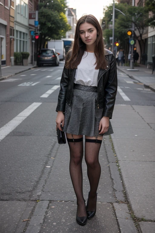 a 13 year old girl with straight hair wearing fishnet stockings and a full body skirt