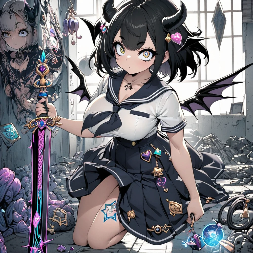 (Black and white Anime Line Art),(black and white), (extreme complexity, two subjects unique and individual) (subject 1:A sexy Demonette (demon, big breasts, no hair many small horns instead, demon eyes, leathery wings, many fierce evil body tattoos, small evil costume, looks unhinged, wielding a evil sword)) is challenging a (subject 2: Japanese Ninja woman (big butt, small breasts, sailor school outfit with mystic trinkets, short hair, big eyes, calm and composed)), set in a high school building