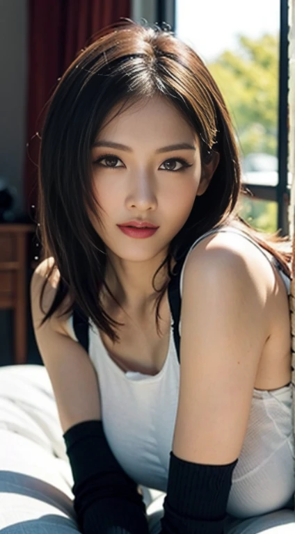 (Make the subject look three-dimensional with the contrast of light and shadow),Cute and beautiful 22yo girl,(masterpiece:1.2), best quality, high resolution, unity 8k wallpaper, (illustration:0.8), (beautiful detailed eyes:1.6), extremely detailed face, perfect lighting, extremely detailed CG, (perfect hands, perfect anatomy),Brown hair,watching at viewers,black suspenders,(Bulging ,big breasts:1.1),Black miniskirt,garters,Gaze,Small face,bangss,holster,Belt Armament,Beautuful Women srestrained,hands up,Lying in bed,Leg holster ,lying on the bed,Gaze,black boots,panty shot