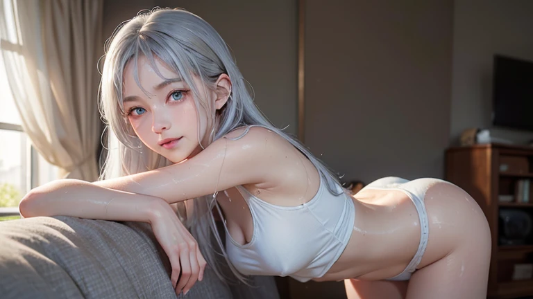 1 girl, silver hair, long silver hair、blue eyes, , small breasts, white skin, 、、long eyelashes、child、Upper body、Photoreal、ultimatee quality、8K quality、Ultimate 、girl 、、short、Smile、No sleeve、sweaty、soaking wet、living room、cheeks are red、looking at the viewer、thin eyebrows、Raising left arm、showing the viewer his left armpit、steam from armpit、 Maschalagnia、8K quality、detailed armpits、detailed armpitsのシワ、armpit sweat、sweaty、a lot of sweat、soaking wetの腋、Smile