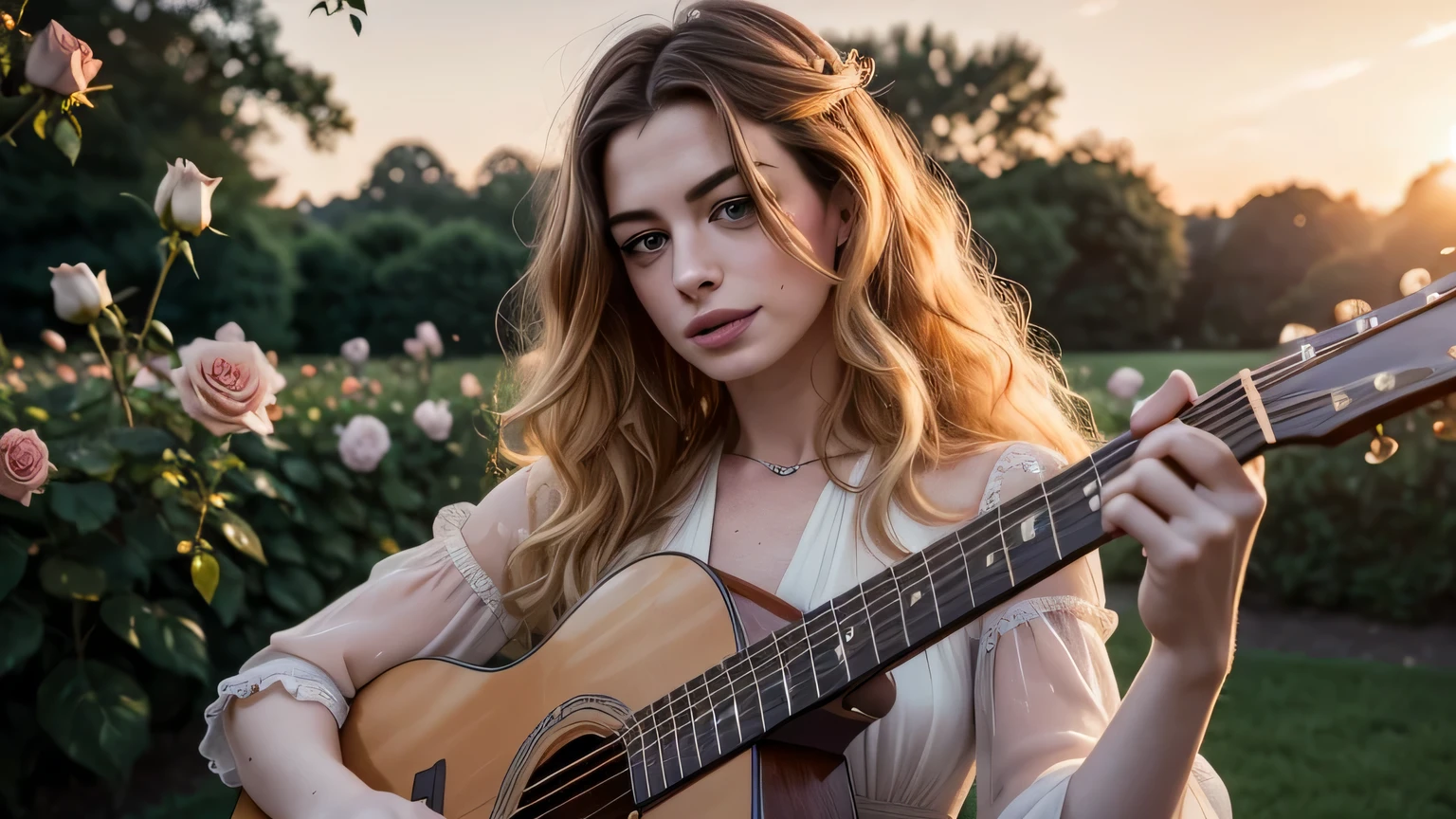 ((best quality)), ((masterpiece)),(detail), perfect face, Anne Hathaway is playing the guitar in the middle of a blooming rose garden, rose petals flying across the sky, woman wearing a silk dress, woman with blonde and curly hair, beautiful long curly hair, with the setting sun, stylish romance, retro vintage and romanticism, blurred background, sunset light, golden sunshine, roses, flying petals,hyper-realistic photos, 8k, ultra high resolution, sharp faces