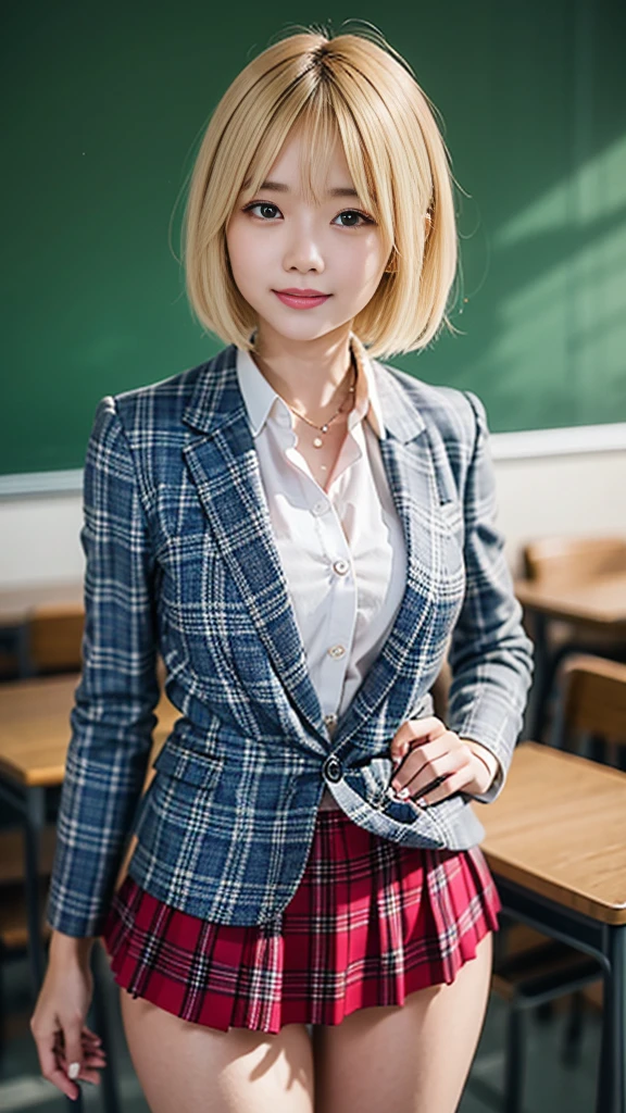 (8k, RAW photo, highest quality), Stand in the classroom of school, (((((((1 woman))))))), ((blonde)), ((short bob hair)), ((detailed eyes)), ((smile)), ((red tie)), (((dark blue closed blazer))), (((Blue plaid pleated miniskirt that wraps around the hips))), asymmetrical bangs, 少しのsmile, thighs, knees, random pose，pretty girl，slender girl