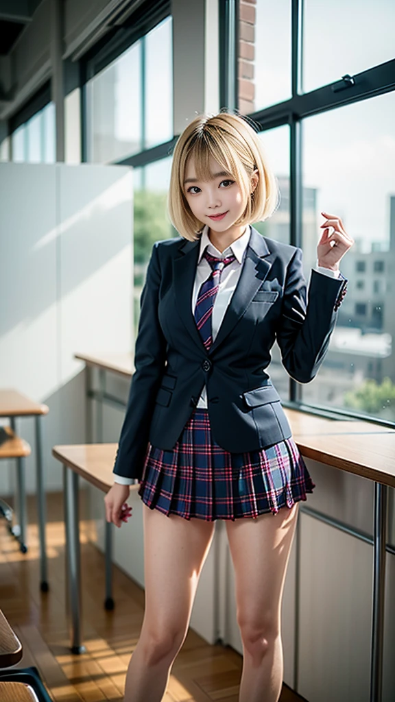 (8k, RAW photo, highest quality), Stand in the classroom of school, (((((((1 woman))))))), ((blonde)), ((short bob hair)), ((detailed eyes)), ((smile)), ((red tie)), (((dark blue closed blazer))), (((Blue plaid pleated miniskirt that wraps around the hips))), asymmetrical bangs, 少しのsmile, thighs, knees, random pose,pretty girl,slender girl