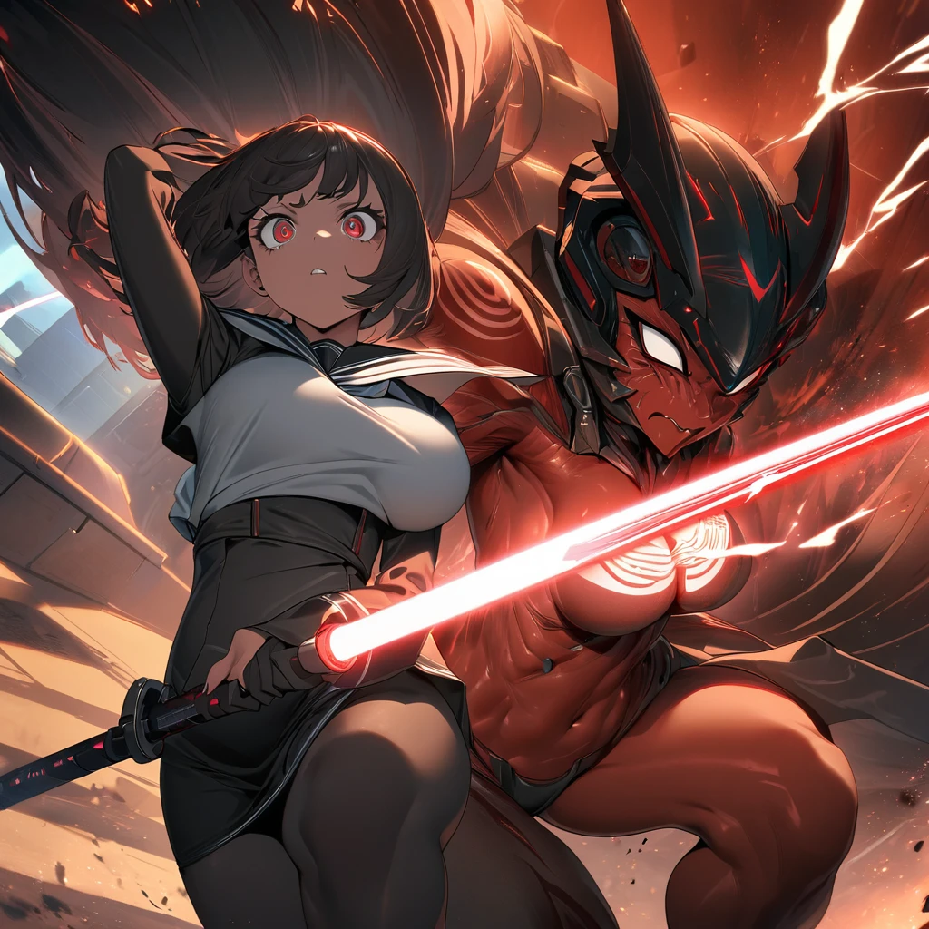 (Black and white Anime Line Art) (extreme complexity, two subjects unique and individual) (subject 1:A sexy Sith Warlord (alien, big breasts, no hair many small horns instead, blood red eyes, deep red almost black skin, many fierce orange body tattoos, small fighting costume, looks unhinged, wielding a red light saber)) is dueling with a (subject 2: Japanese Jedi woman (big butt, small breasts, sailor school outfit with scifi gadgets, short hair, big eyes, calm and composed, masterfully deflecting the sith attacker)), set in a sci-fi high technology building