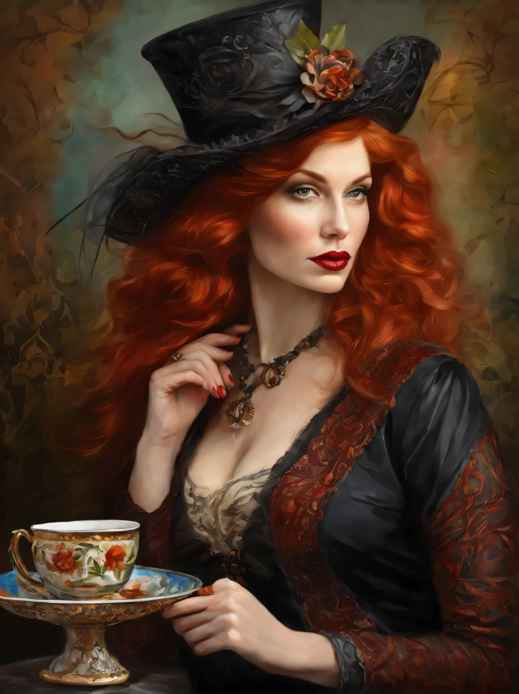 arafed woman with red hair wearing a black top hat and holding a teacup, portrait of a young witch, portrait of a young witch girl, portrait of a witch, portrait of a dark witch, witch girl, beautiful female witch, portrait of a sorceress, color portrait, karol bak uhd, witch fairytale, female mad hatter