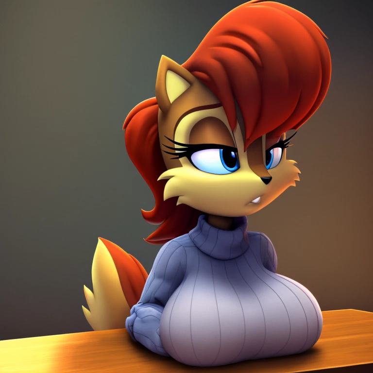 Masterpiece, high quality, studio quality, intricate details, 4k, 1girl, Sally Acorn, cropped sweater, eyes open, blue eyes, 