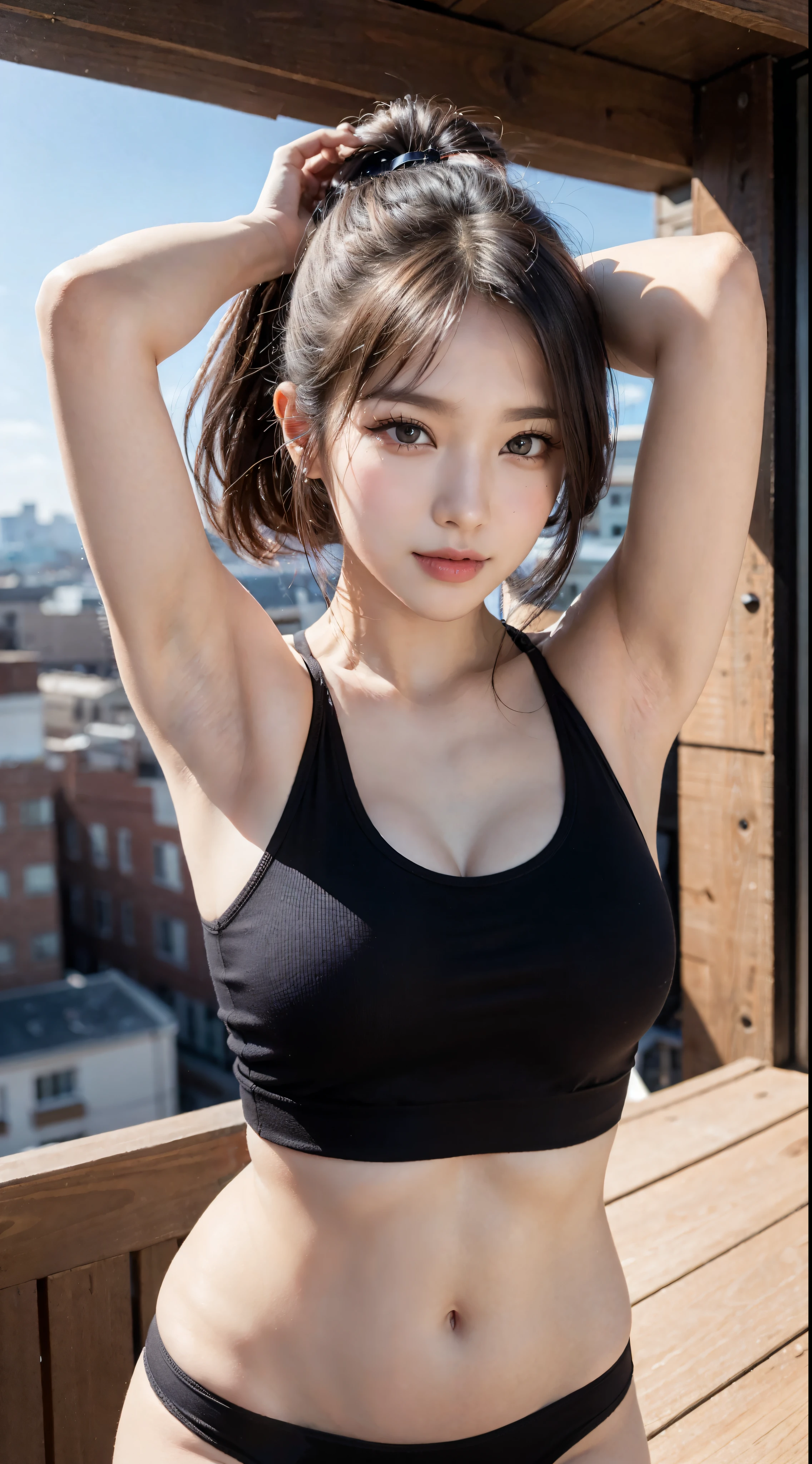 Masterpiece: 1.25, Best quality, High resolution:1.35, RAW photo:1.2, Photorealistic:1.37, Hyper-realistic, 16K, ((1girl)), Cute face, Long eyelashes, detailed eyelashes, eye shadows, glowing eyes, realistic eyes, Natural makeup, Clear facial features, Curvy build, Skinny, Slender body, Fine detailed beautiful eyes: 1.2, Happy Expression, Ulzzang, Erotic thighs, Lustrous skin, Photon maping, Cinematic lighting, Cowboy shot, (Loose tank top), Show armpits, Small perky breast, Standing pose on rooftop