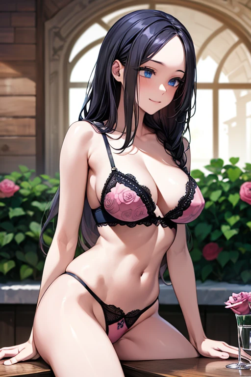 ((Black hair))), long hair, (((blue eyes))),(((forehead))) , , beautiful body, masterpiece, smile, (((pink rose print lingerie))),sexy lingerie, hotel swimming pool,busty, buxom, curvy, voluptuous,Sexual Intercourse,