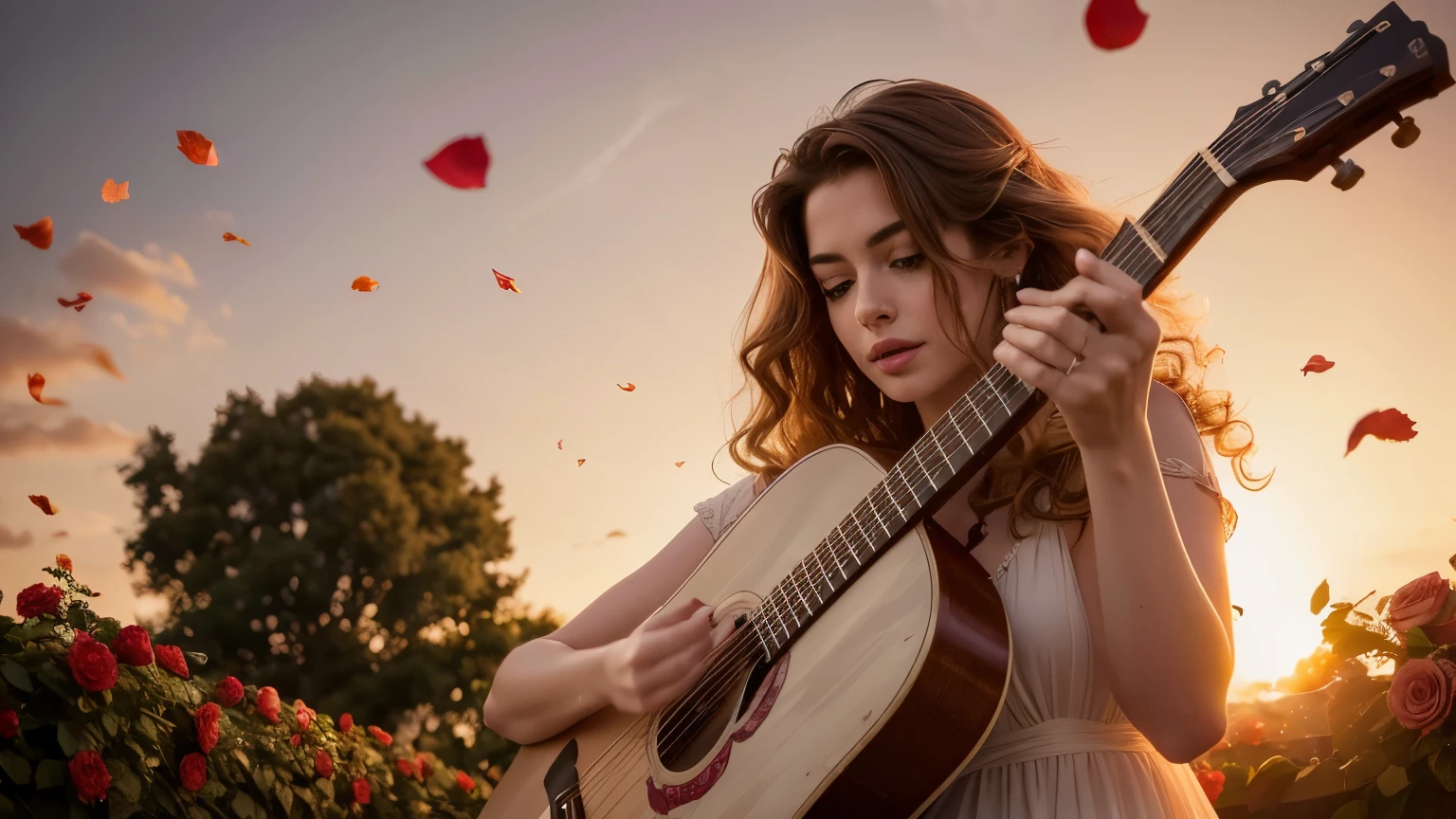 ((best quality)), ((masterpiece)),(detail), perfect face, image of Anne Hathaway playing guitar in the middle of a blooming rose garden, rose petals flying across the sky, woman wearing a silk dress, woman woman with blonde and curly hair, beautiful long curly hair, with setting sun, romantic style, retro vintage and romanticism, blurred background image, sunset light, golden sunshine, roses, very lots of flying flower petals, rose petals stuck in hair, warm orange background color, subject takes up 1/3 of the frame, hyper-realistic photos, 8k, ultra high resolution, sharp faces