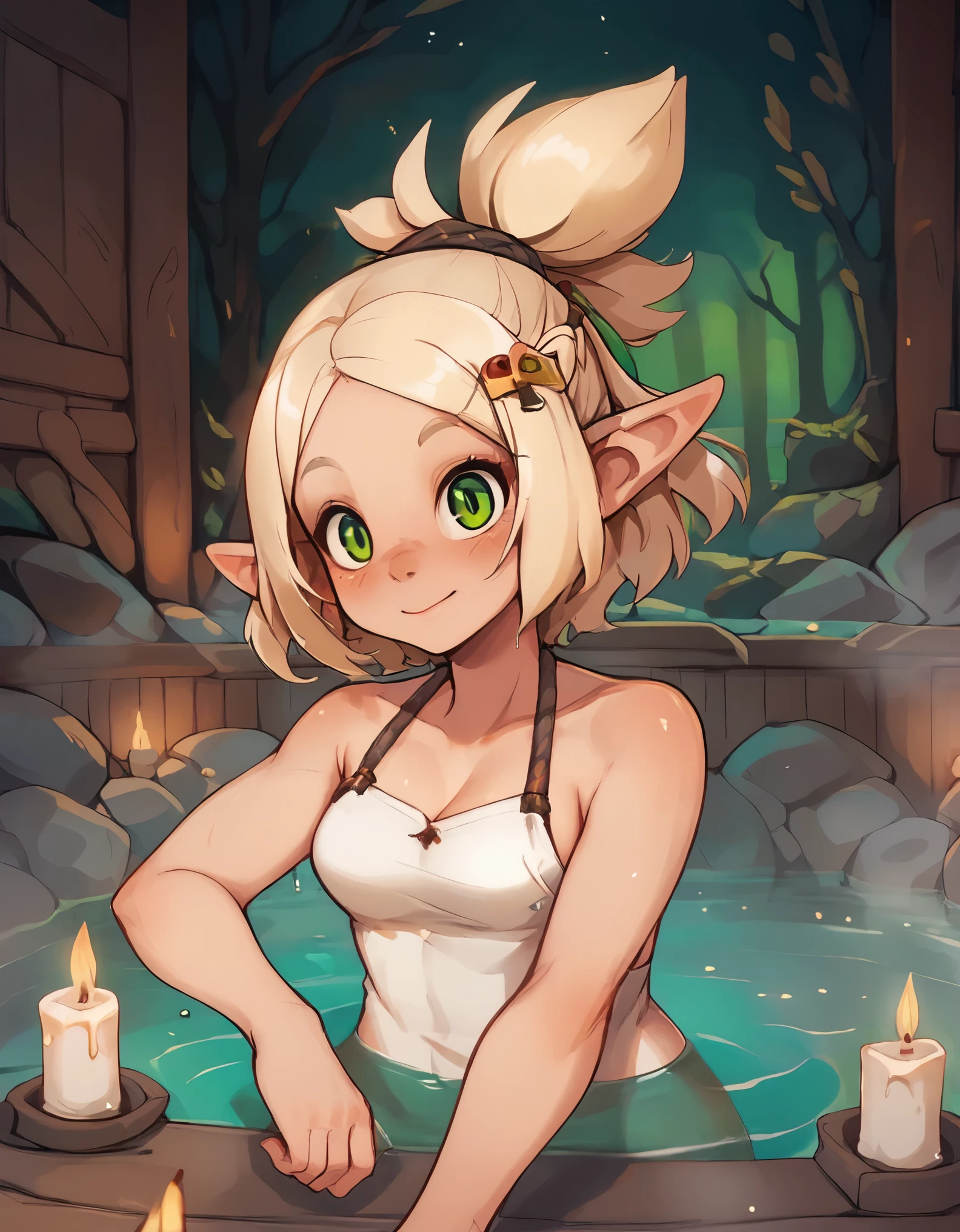 (score_9, score_8_up), score_7_up, score_6_up, 1girl, evangelyne s1, short hair, ponytail, blonde hair, hair ornament, pointy ears, light freckles, green eyes, sauna, onsen, thermal sources, indoors, wooden wall, water, steam, ((submerged, inside water)), upper body, sitting, closed mouth, night, candles, smile, looking at viewer, blushing, happy, 