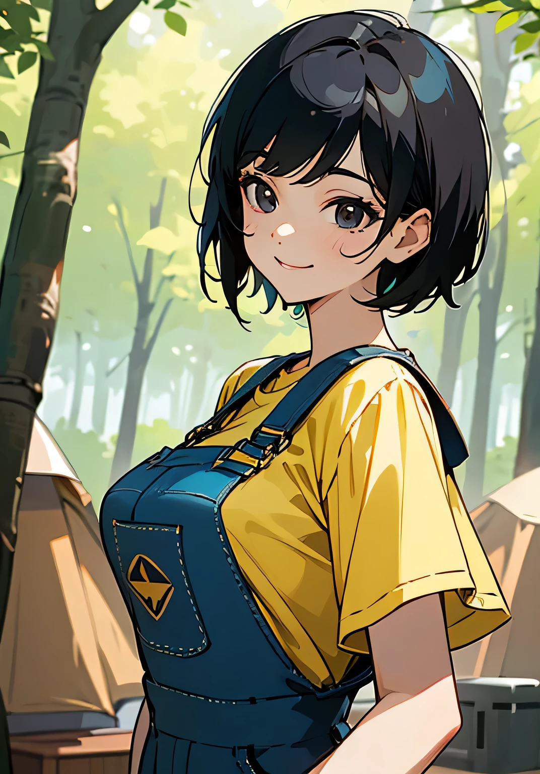 {best quality},sunny、forest、camping、black hair short cut、Female college student、Large beautiful breasts、oversized t-shirt、overalls、radiant smile、High angle 、upper body