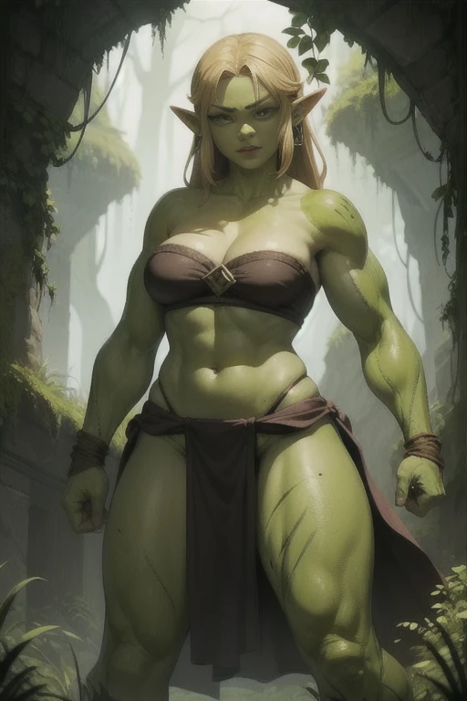 Overgrown hell life, orc female Zelda , cracked skin, green skin, black veins, loincloth,