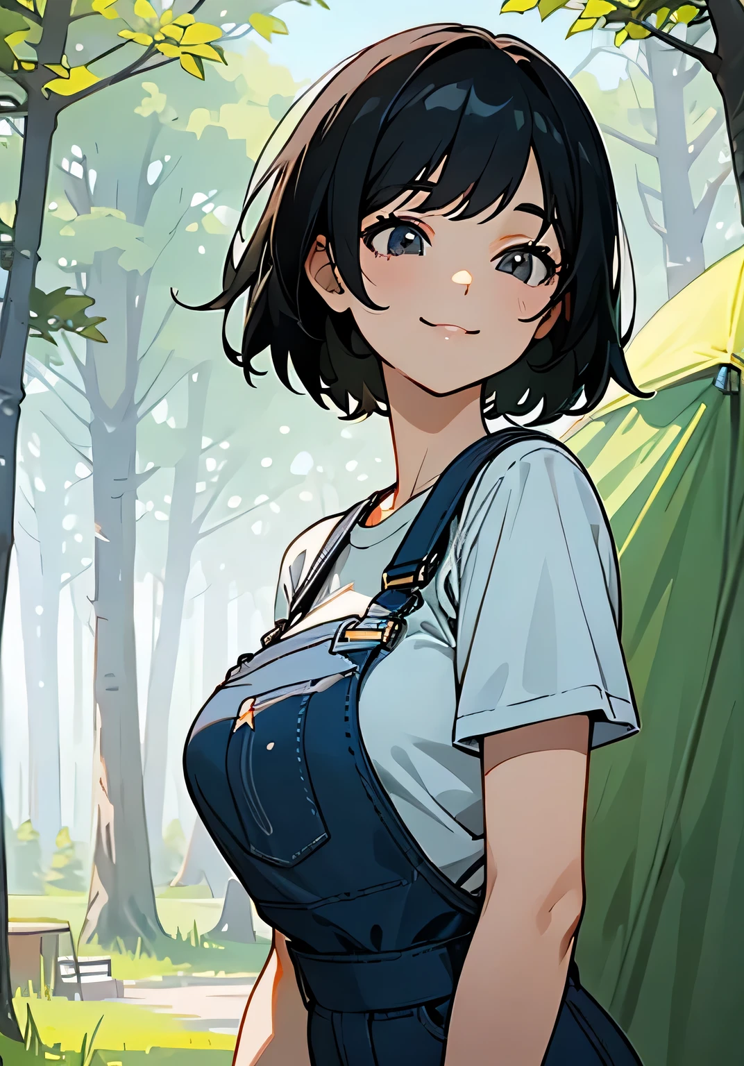 {best quality},sunny、forest、camping、black hair short cut、Female college student、Large beautiful breasts、oversized t-shirt、overalls、radiant smile、High angle 、upper body