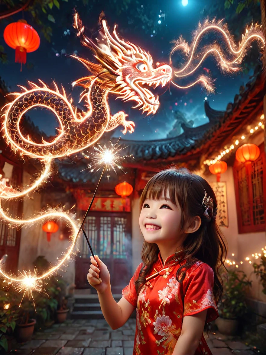 amazing quality, masterpiece, best quality, Super detailed, Super detailed, ultra high definition, Every time, depth of field, high dynamic range, Perfect Anatomy Solo, Lovely, kawaii, brown hair, Playing with the fairy wand happily, wave it in the air, Red Lantern, Wearing a red cheongsam, Milky Way,
There is a small cfc spark dragon above the fairy stick, translucent, dazzled, shine, Sparkling, trail of sparks,
Larneworth,
Very detailed,
Tang M3t3rn1tyXL,
Zavi China,
 SK_fantasy,