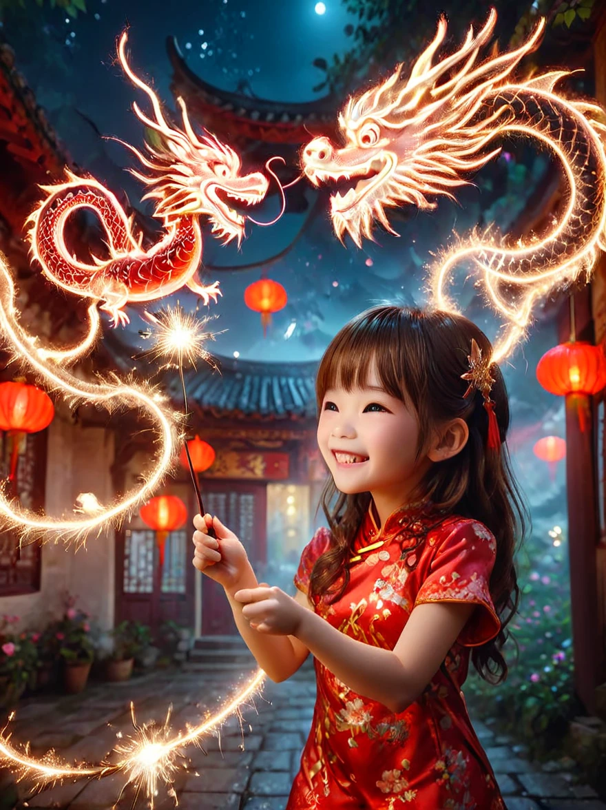 amazing quality, masterpiece, best quality, Super detailed, Super detailed, ultra high definition, Every time, depth of field, high dynamic range, Perfect Anatomy Solo, Lovely, kawaii, brown hair, Playing with the fairy wand happily, wave it in the air, Red Lantern, Wearing a red cheongsam, Milky Way,
There is a small cfc spark dragon above the fairy stick, translucent, dazzled, shine, Sparkling, trail of sparks,
Larneworth,
Very detailed,
Tang M3t3rn1tyXL,
Zavi China,
 SK_fantasy,