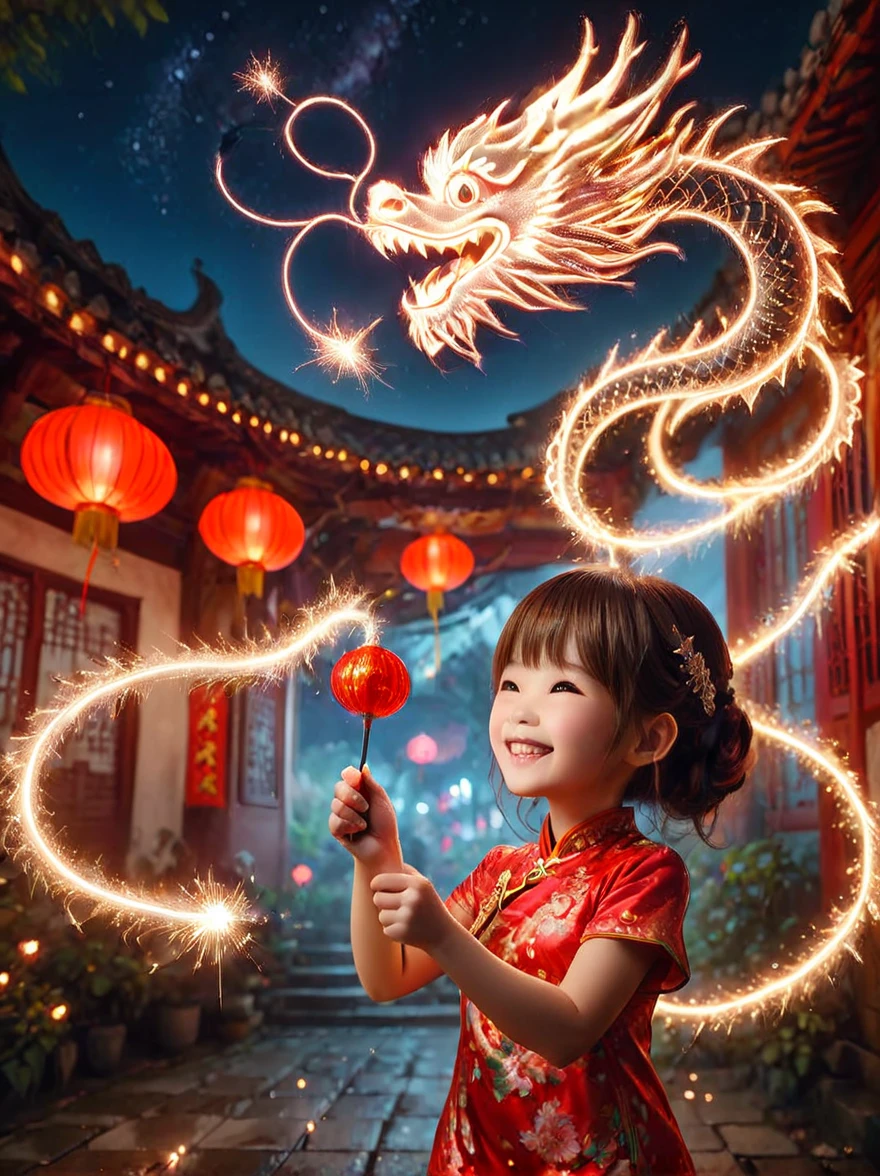 amazing quality, masterpiece, best quality, Super detailed, Super detailed, ultra high definition, Every time, depth of field, high dynamic range, Perfect Anatomy Solo, Lovely, kawaii, brown hair, Playing with the fairy wand happily, wave it in the air, Red Lantern, Wearing a red cheongsam, Milky Way,
There is a small cfc spark dragon above the fairy stick, translucent, dazzled, shine, Sparkling, trail of sparks,
Larneworth,
Very detailed,
Tang M3t3rn1tyXL,
Zavi China,
 SK_fantasy,