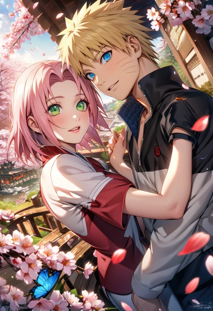 Ultra detailed, Highres, absurdres, HDR, Uzumaki Naruto, blonde hair, blue eyes, Haruno Sakura, pink hair, green eyes, Naruto Shippuden, 1 man with 1 woman as a couple, petals, flowers, cherry blossoms, butterflies, handsome,