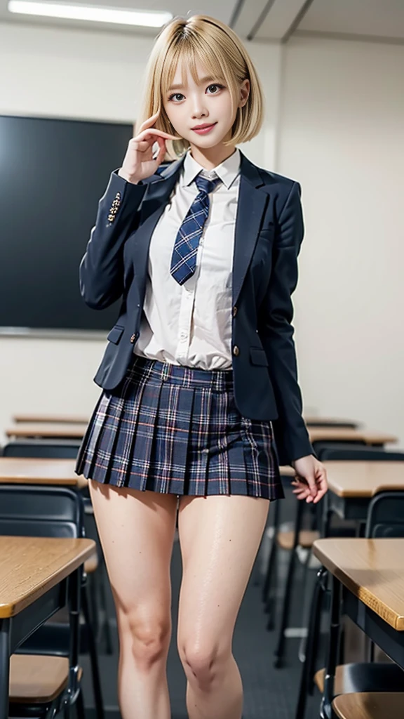 (8k, RAW photo, highest quality), Stand in the classroom of school, (((((((1 woman))))))), ((blonde)), ((short bob hair)), ((detailed eyes)), ((smile)), ((red tie)), (((dark blue closed blazer))), (((Blue plaid pleated miniskirt that wraps around the hips))), asymmetrical bangs, 少しのsmile, thighs, knees, random pose,pretty girl,slender girl