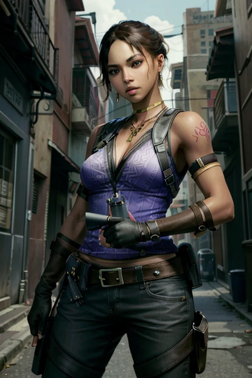 (masterpiece, highest quality)
Sheva RE, 1 girl, alone, gloves, jewelry, fingerless gloves, hand gun, earrings, short hair, tattoo, holster, think back, black skin, pants, shoulder holster, realistic, black hair, 浅black skinの女性, Tentacles clinging
