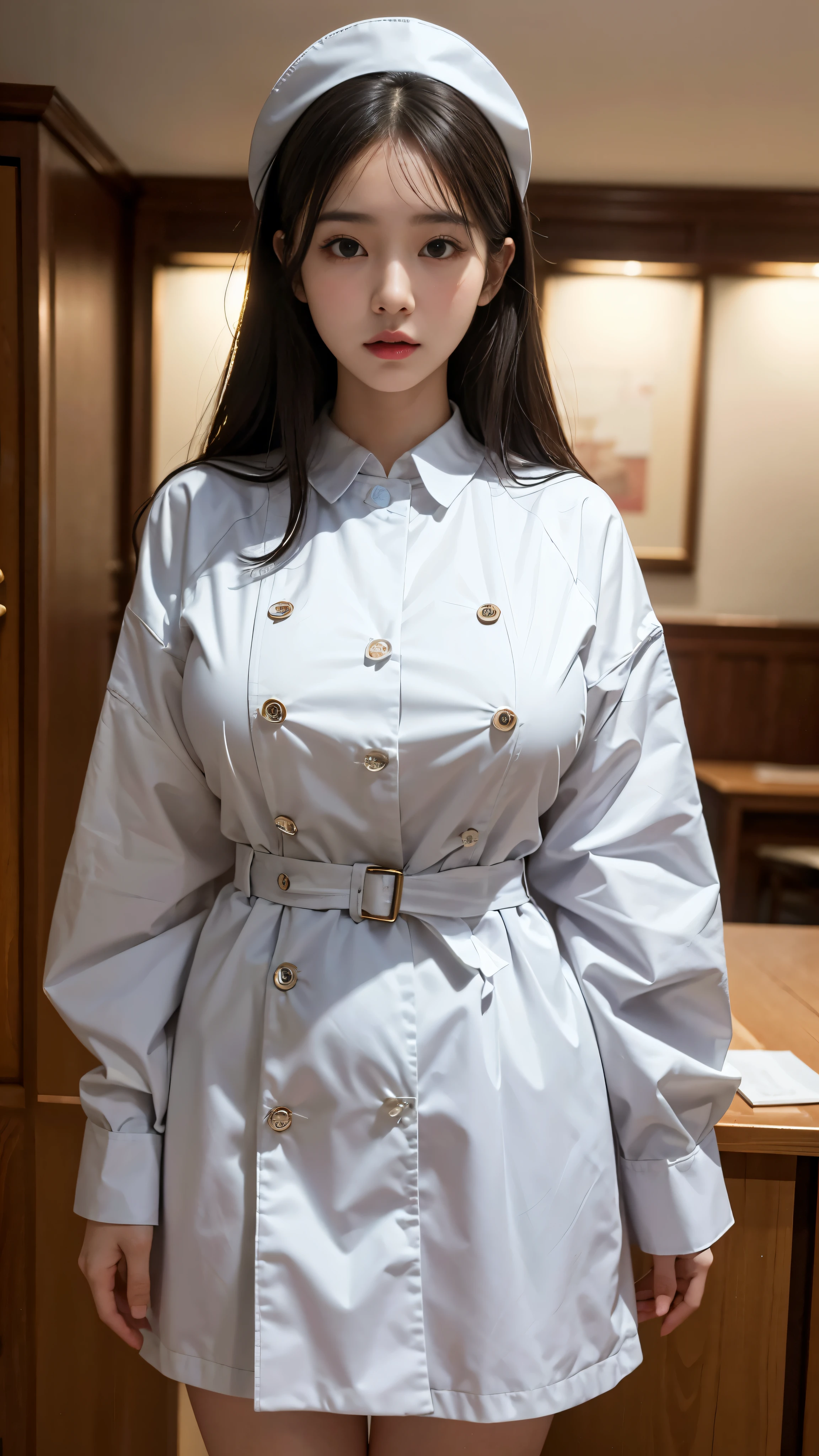 Photorealistic, high resolution, 1 woman, hips up, Beautiful eyes, Long hair, ringed eyes, jewelry, white hair, wearing oversized_coat