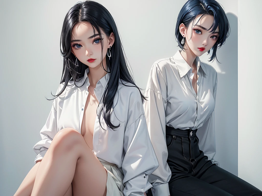 top quality、Top image quality、​Masterpiece、teenage girl((White shirt、black trousers、18 years old、 Ajer、best bust、big bast,black eyes, blue hair、A slender one,Oyama Valley、Red lipstick makeup、cute earrings、Silver Watch、chest together、sit up、Create a captivating pose eyeshadow for your eyes)),high quality、beautiful art、background with((white wall、Photography Studio))​Masterpiece、depth of field,Camera Film Style