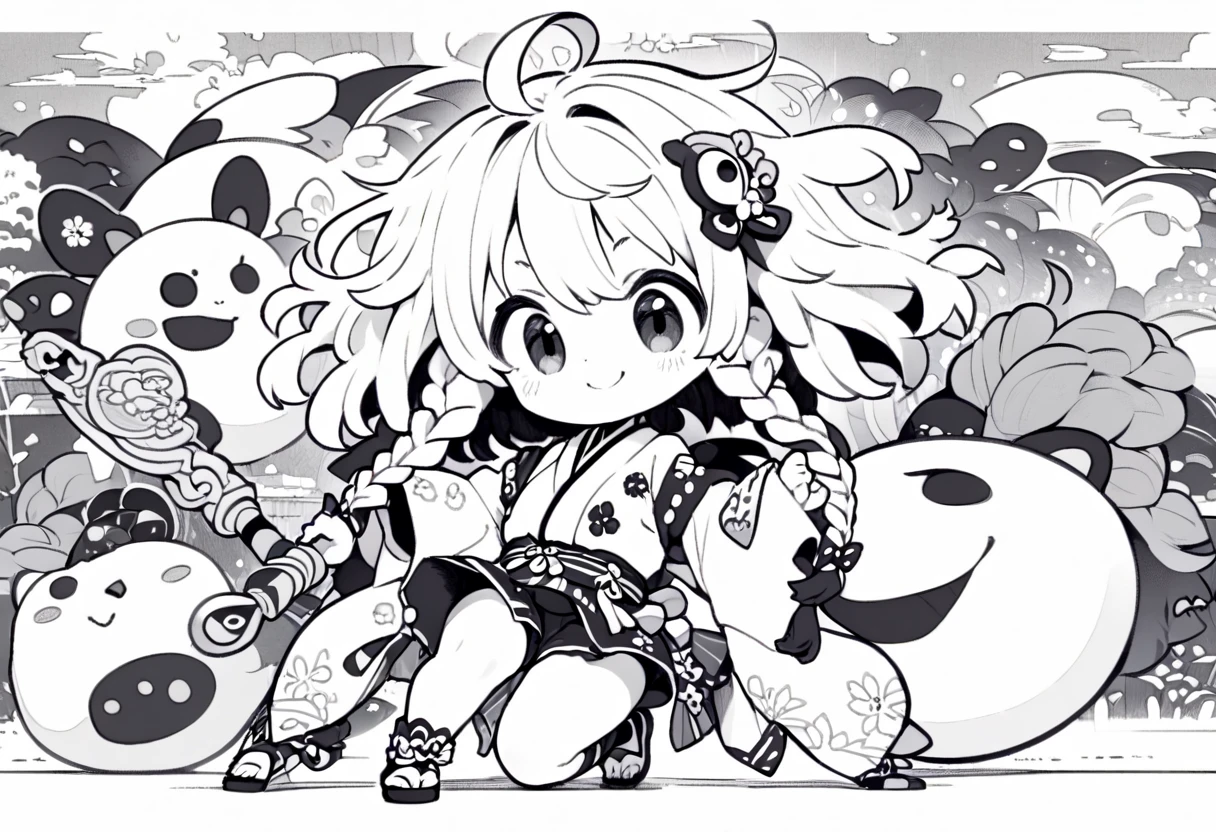 (lineart:2.0),(monochrome:2.0),(white and black),#quality(8k,wallpaper of extremely detailed CG unit, masterpiece,hight resolution,top-quality,top-quality real texture skin,hyper realisitic,increase the resolution,RAW photos,best qualtiy,highly detailed,the wallpaper),solo,#1 girl(cute, kawaii,swim wear,big breast,plait hair,messy hair,big eyes,full body:1.6,smirk,dynamic pose),#background(japanese garden),no color used at all,no gray tone