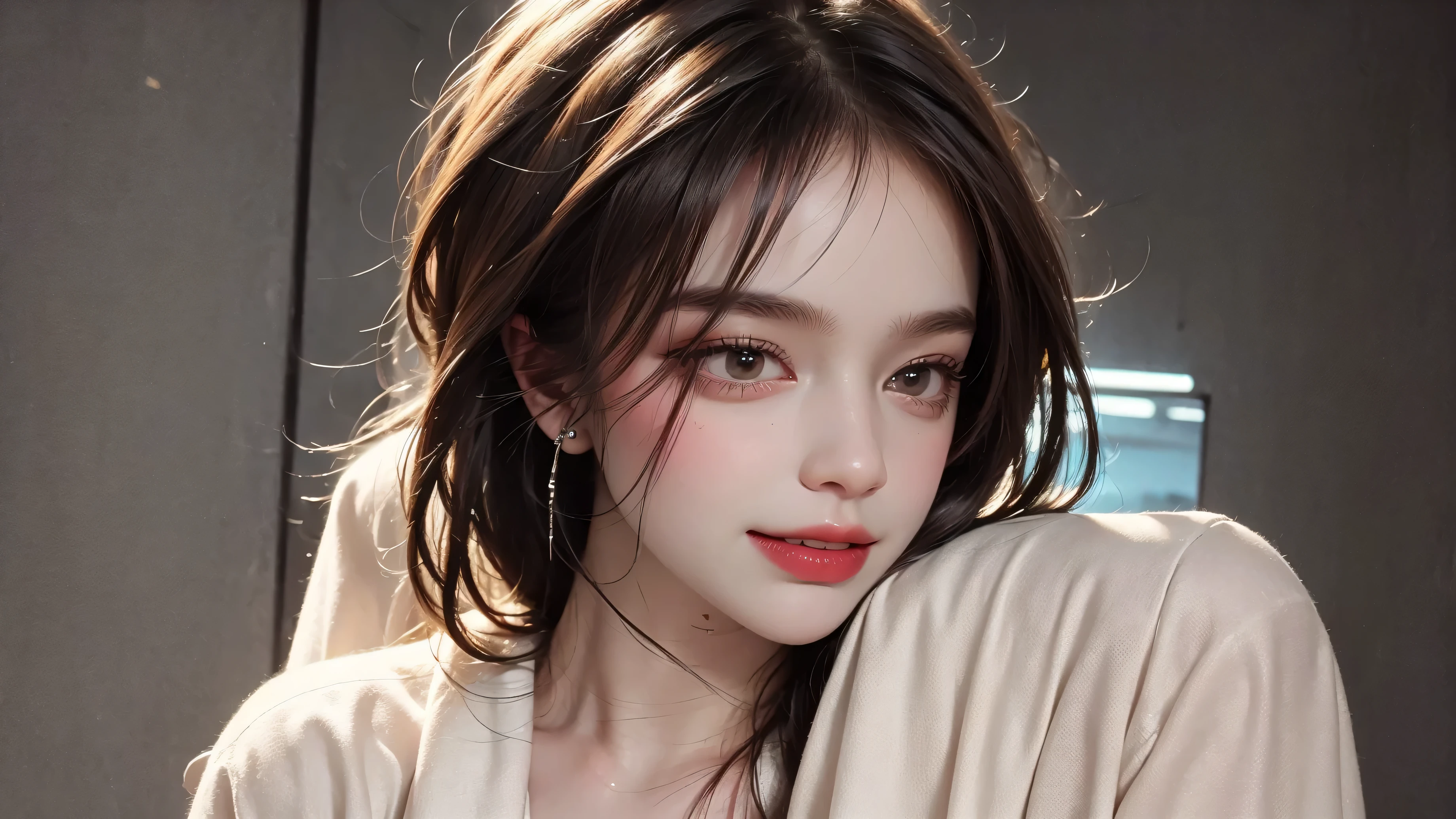 outdoor、Light brown short hair、smile、