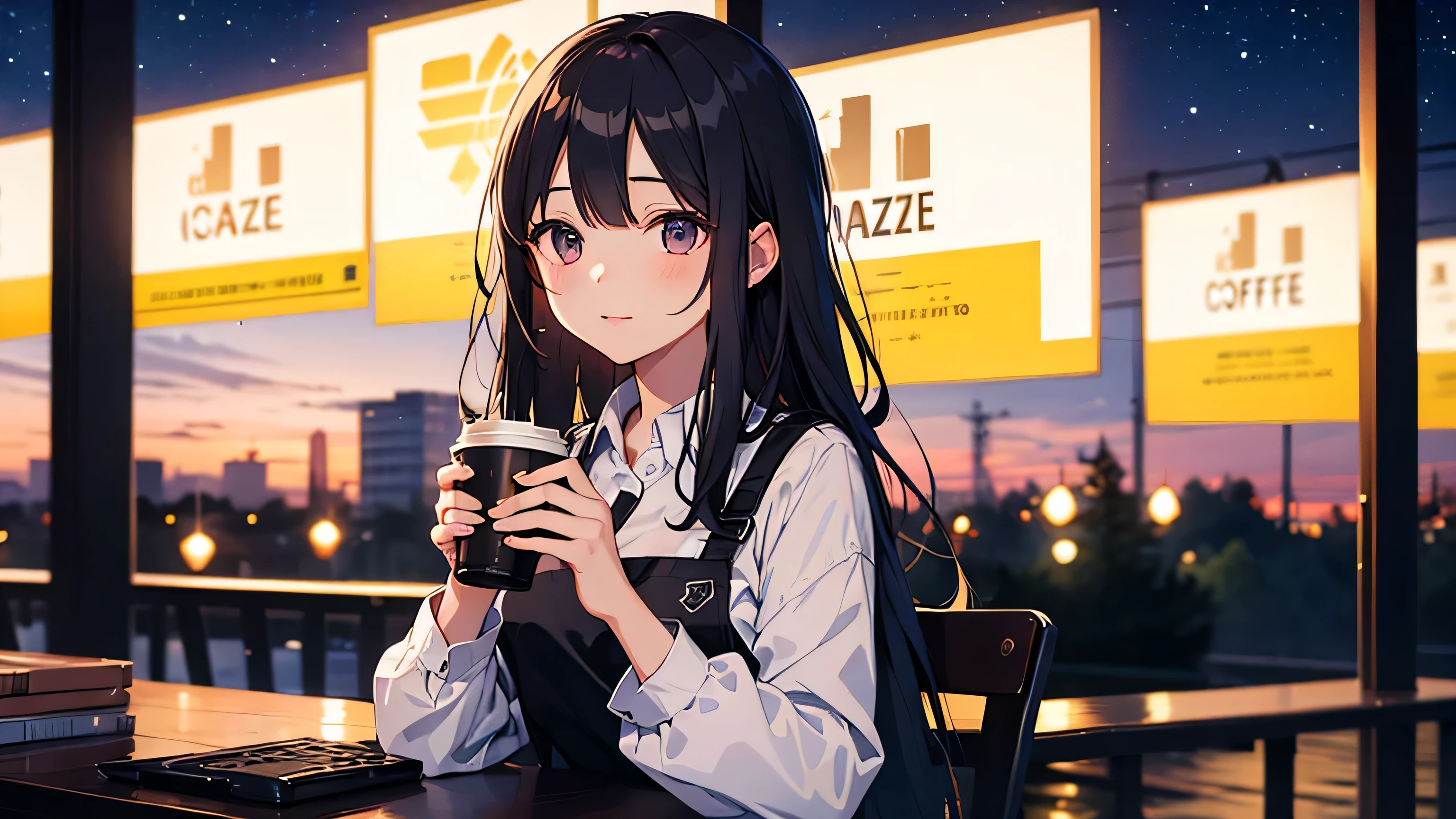 listen to jazz、A girl working with coffee in hand。The night sky is in the background。In the upper right「LOFI」Described as。