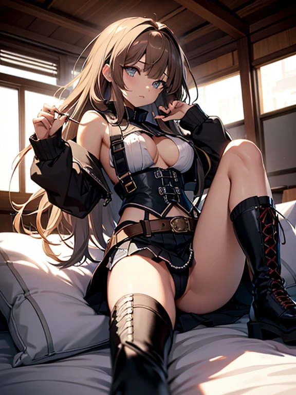 (Make the subject look three-dimensional with the contrast of light and shadow),Cute and beautiful 22yo girl,(masterpiece:1.2), best quality, high resolution, unity 8k wallpaper, (illustration:0.8), (beautiful detailed eyes:1.6), extremely detailed face, perfect lighting, extremely detailed CG, (perfect hands, perfect anatomy),Brown hair,watching at viewers,black suspenders,(Bulging ,big breasts:1.1),Black miniskirt,garters,Gaze,Small face,bangss,holster,Belt Armament,Beautuful Women srestrained,hands up,Lying in bed,Leg holster ,lying on the bed,Gaze,black boots,panty shot