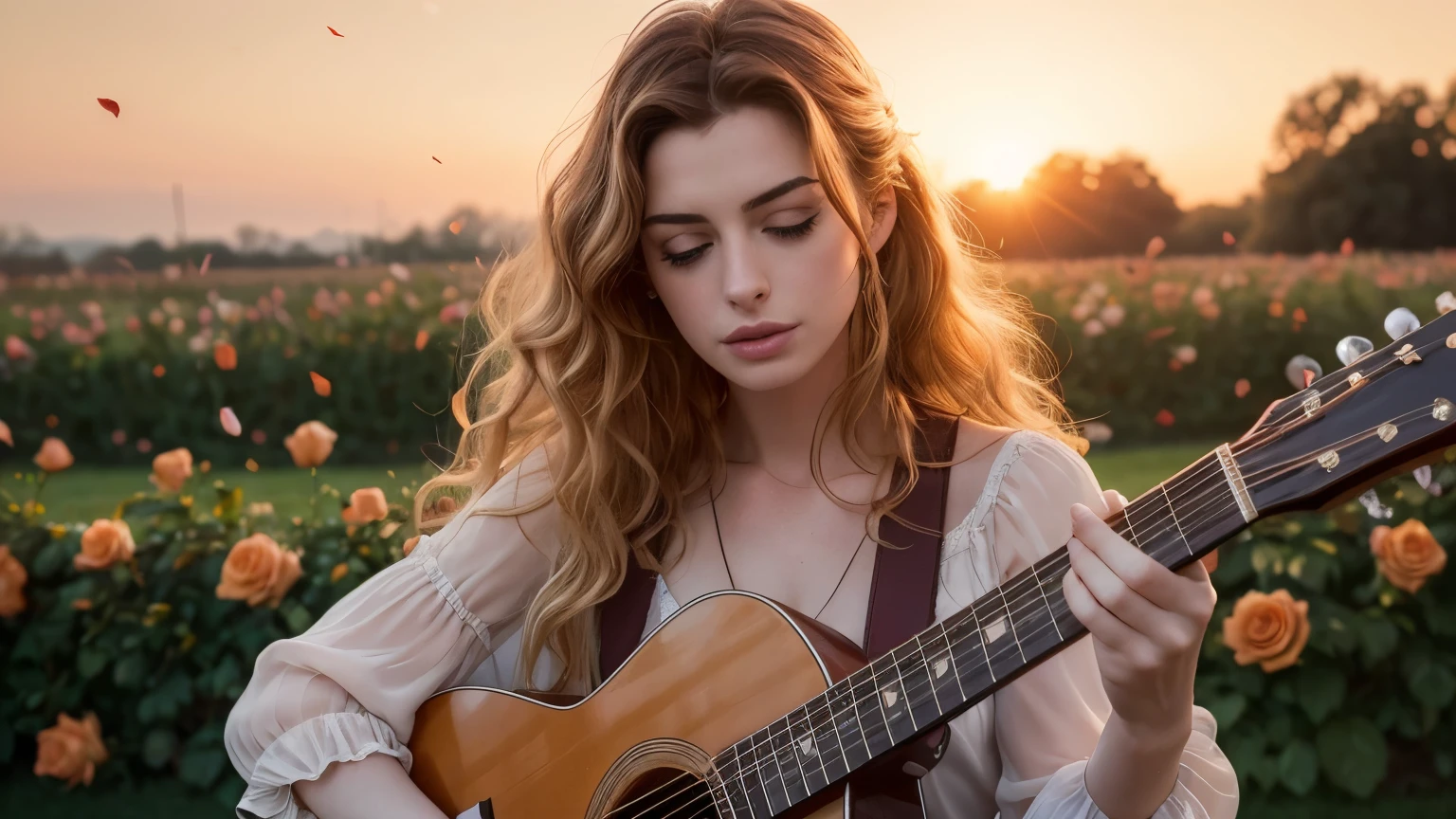 ((best quality)), ((masterpiece)),(detail), perfect face, image of Anne Hathaway playing guitar in the middle of a blooming rose garden, rose petals flying across the sky, woman wearing a silk dress, woman woman with blonde and curly hair, beautiful long curly hair, with setting sun, romantic style, retro vintage and romanticism, blurred background image, sunset light, golden sunshine, roses, very lots of flying flower petals, rose petals stuck in hair, warm orange background color, subject takes up 1/3 of the frame, hyper-realistic photos, 8k, ultra high resolution, sharp faces