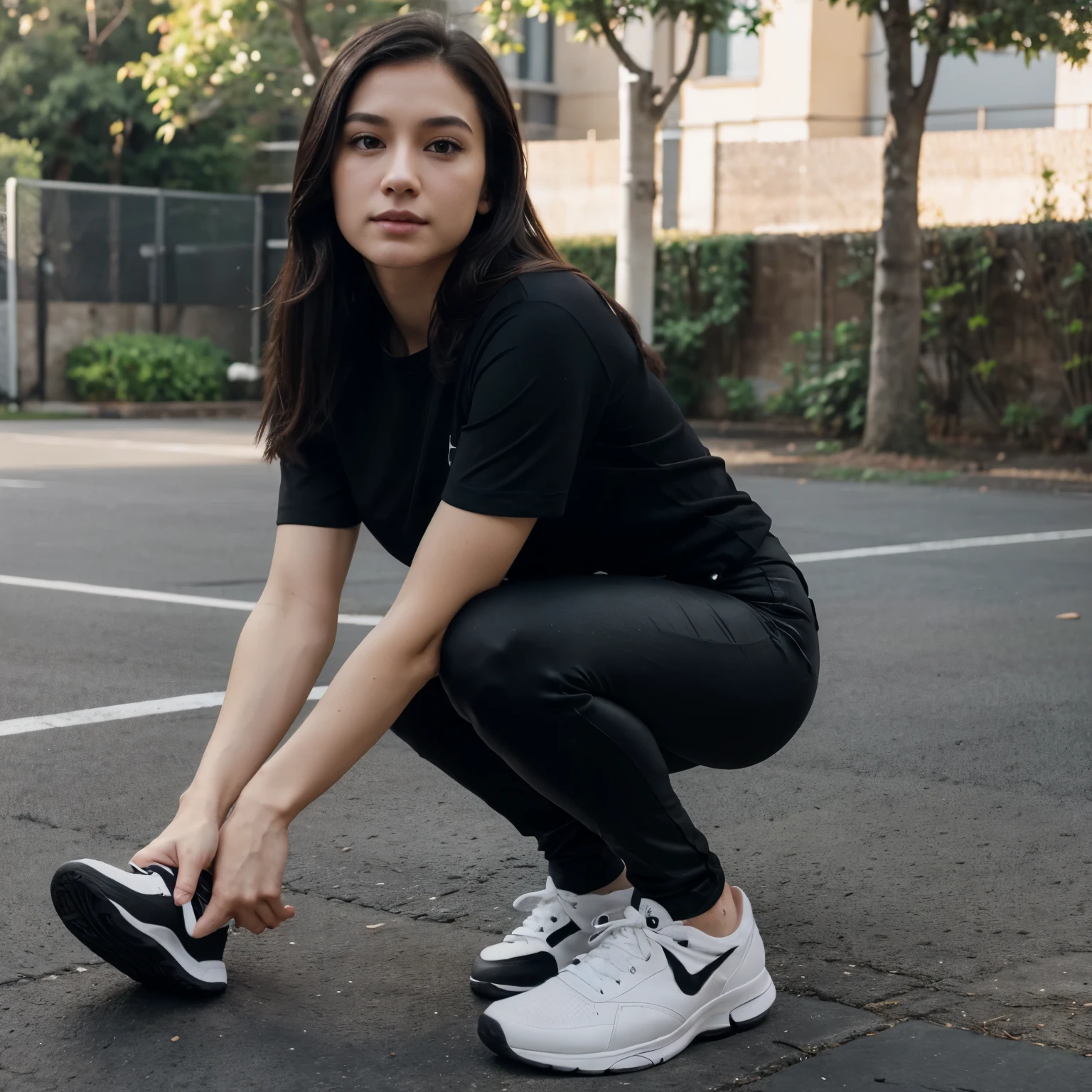 Small almond eyes, profiled nose, white skin, dark hair, slim body, wears black clothes, tight pants and t-shirt, wears tennis shoes.