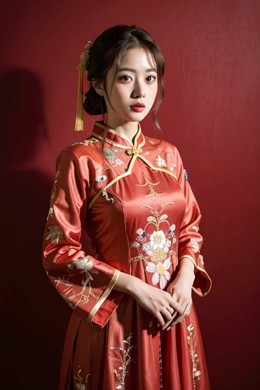 ((highest quality)), ((masterpiece)), (be familiar with), perfect face、Satomi Ishihara&#39;s fascinating body、Satomi Ishihara、Semi-long Chinese dress、cheongsam clothes、fancy clothes、Red clothes、gold embroidery