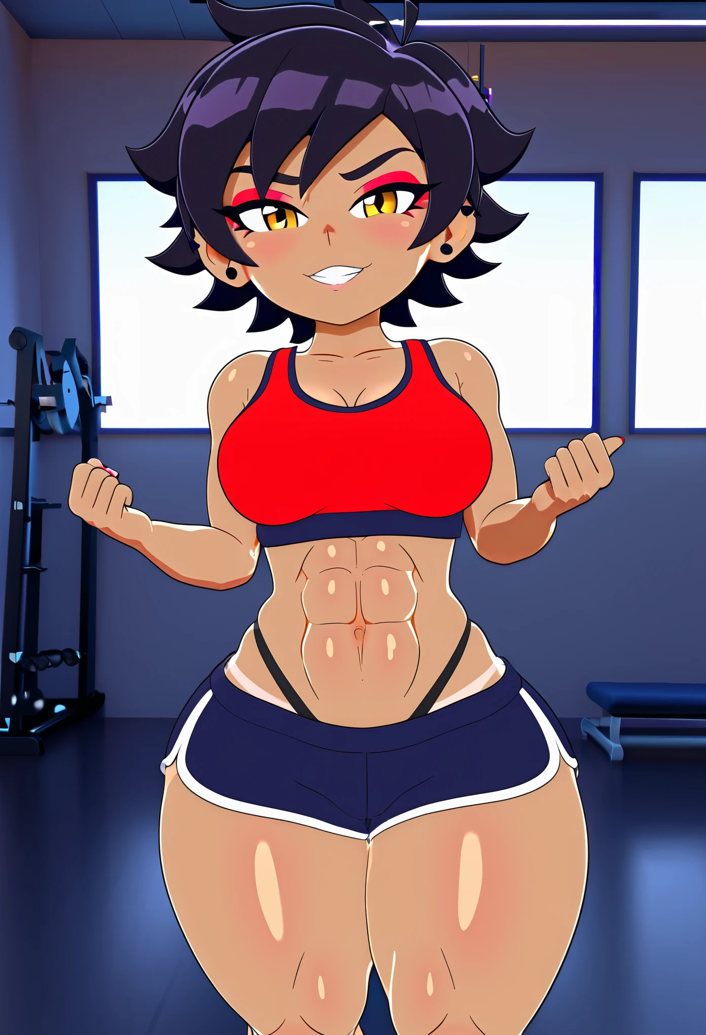 (8k, RAW photos, top quality, masterpiece: 1.2), (High Quality), ray tracing, HDR, (High Details), (Face detail), (Shadow Detail), Amplected, Cally3d, 3d, 3d render, 1girl, solo, tan skin, tomboy, thick thighs, abs, gym, training, thong, short stack, shorts, red eyeliner, black hair,