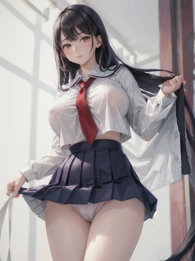 realistic 8k, top-quality, nsfw, 1woman, solo, black hair, navel, (sailor uniform), (red tie), (navy blue pleated Skirt), (((white pantie))), long sleeves, election nipples, ((huge breasts)), (cleavage), lift skirt, pantie shot, blush, from below,