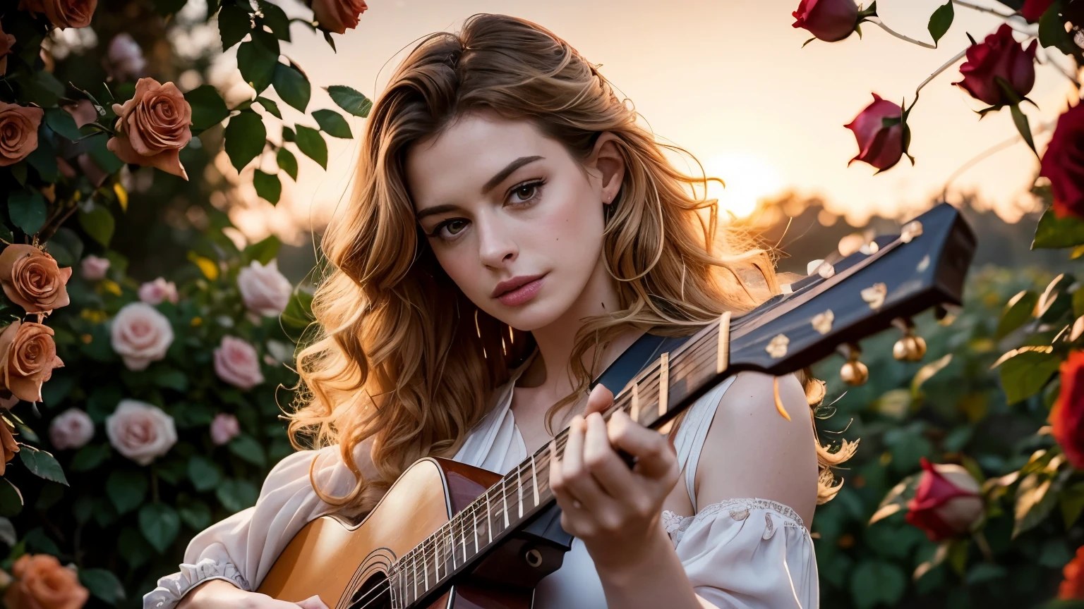 ((best quality)), ((masterpiece)),(detail), perfect face, image of Anne Hathaway playing guitar in the middle of a blooming rose garden, rose petals flying across the sky, woman wearing a silk dress, woman woman with blonde and curly hair, beautiful long curly hair, with setting sun, romantic style, retro vintage and romanticism, blurred background image, sunset light, golden sunshine, roses, very lots of flying flower petals, rose petals stuck in hair, warm orange background color, subject takes up 1/3 of the frame, hyper-realistic photos, 8k, ultra high resolution, sharp faces