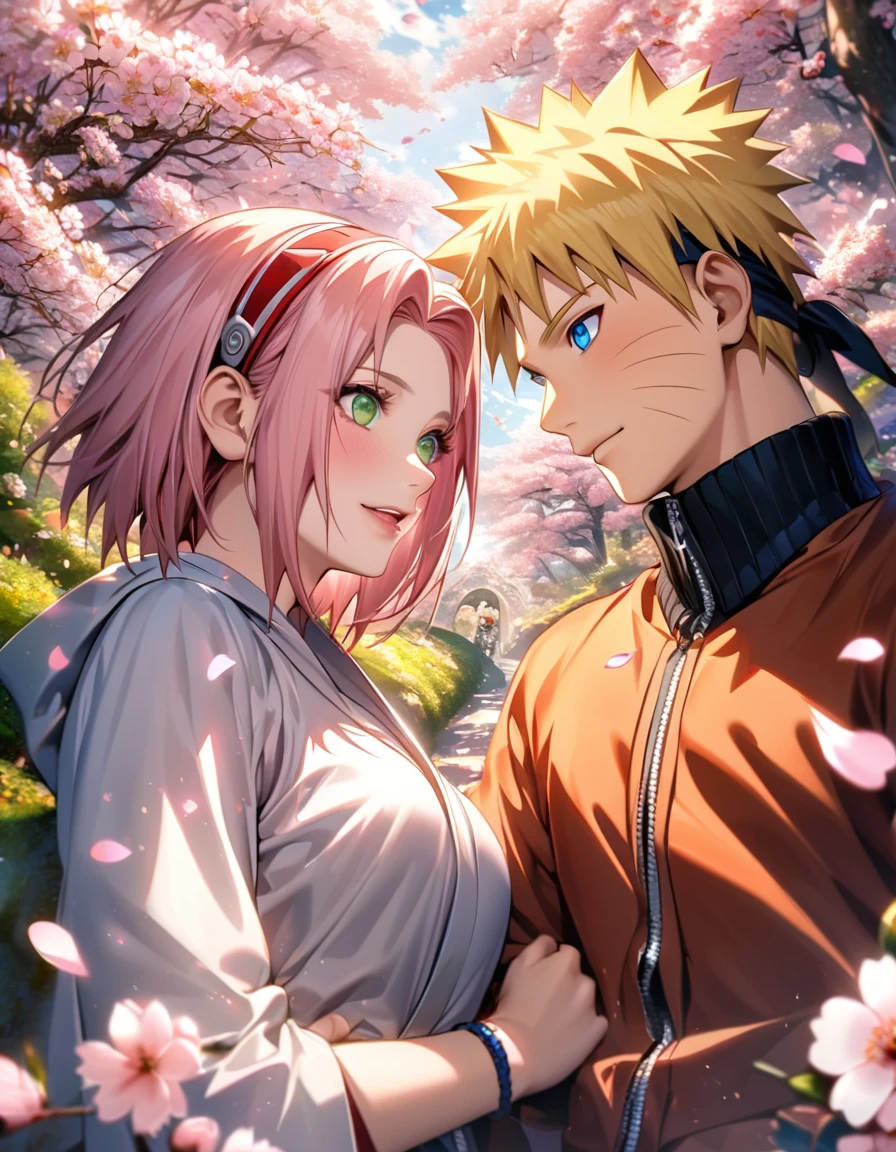 Ultra detailed, Highres, absurdres, HDR, Uzumaki Naruto, blonde hair, blue eyes, Haruno Sakura, pink hair, green eyes, Naruto Shippuden, 1 man with 1 woman as a couple, petals, flowers, cherry blossoms, butterflies, handsome,