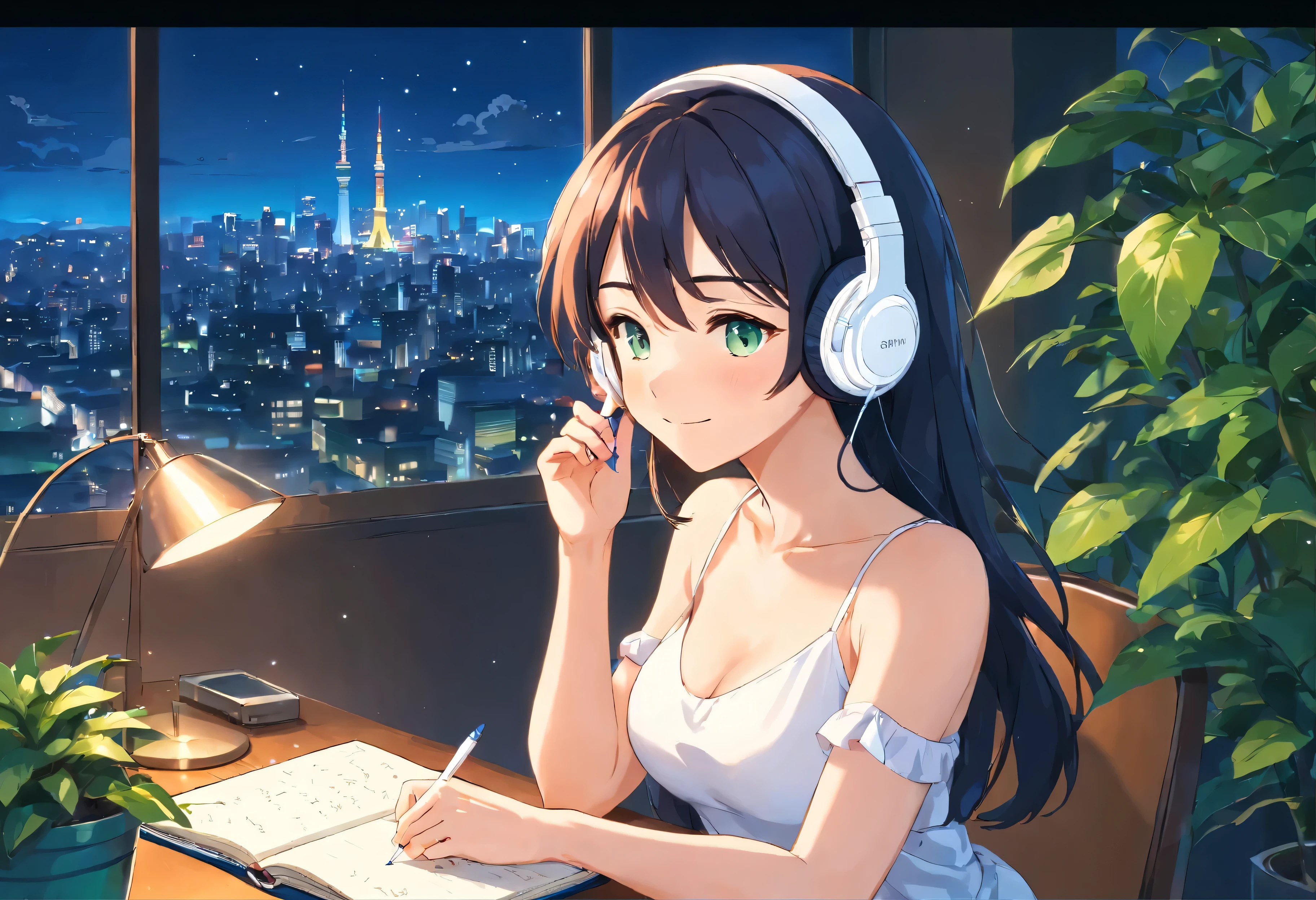 Anime girl with a slender yet feminine figure, (wearing white headphones:1.4), smiling, sitting on a chair, (writing a diary:1.4), holding a pen in her right hand, her left elbow bent with hand slightly raised not holding a pen, short ponytail, black hair, 24 years old, wearing a white fitted and cropped camisole that exposes her midriff and reveals her shoulders and cleavage, (Exposed cleavage:1.3), big breasts G-cup, (revealing skin:1.5), lofi girl anime vibes, lofi artstyle, anime style 4k, anime aesthetic, nightcore, lofi feel, lofi art, anime art wallpaper 4k, anime wallpaper 4k, lofi vibes, surrounded by many potted plants and greenery, creating a soothing green and blue toned space, sitting at a neatly organized desk, a lighted candle on the table, Tokyo view, city view, with a view of a large caldera, at night, smile, anime style, Sony FE GM, masterpiece, best quality, 4K