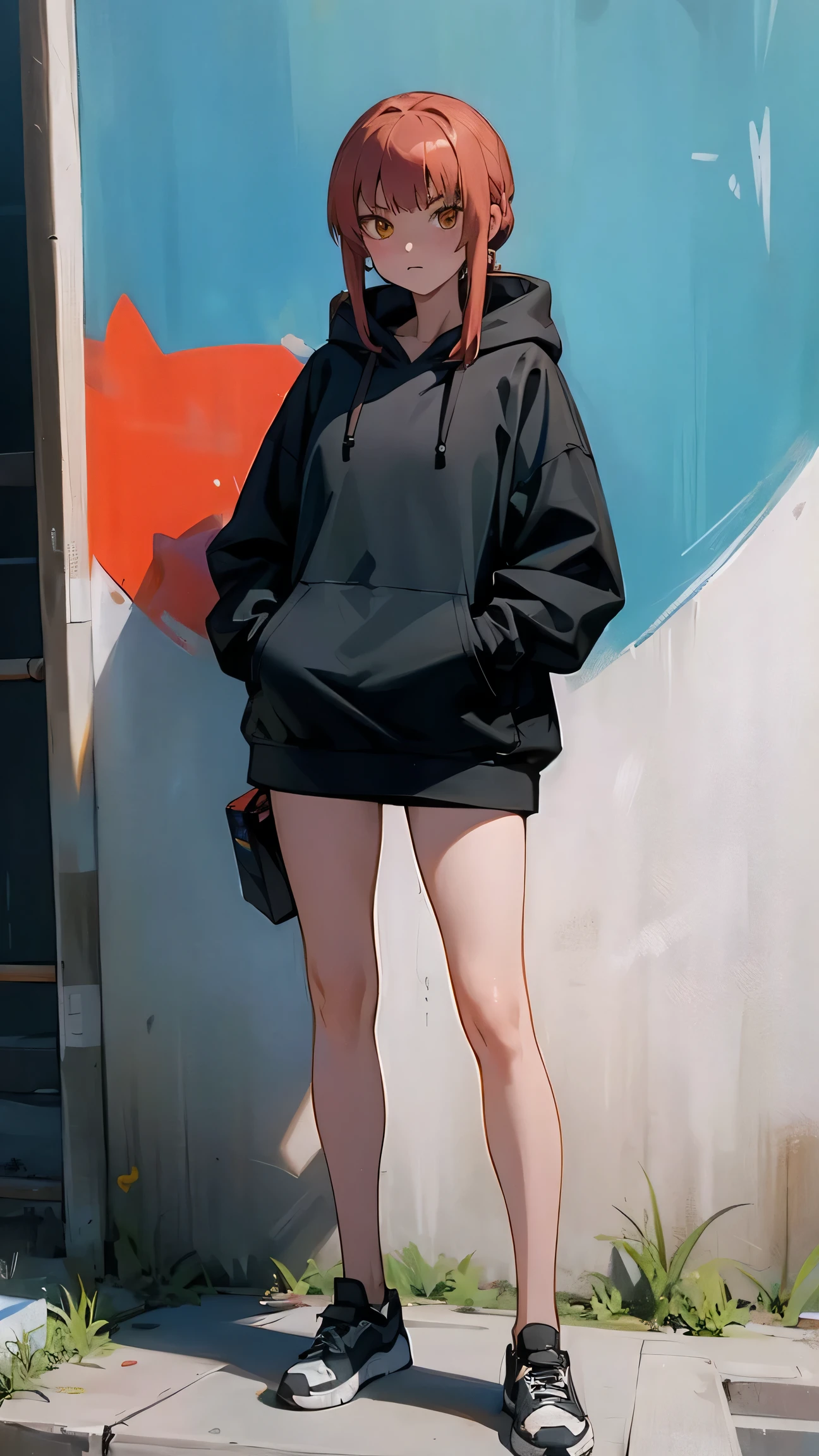 1girl, clothes tug, oversized clothes, hoodie, naked hoodie, sweater tug, wind, implied pantyshot,, masterpiece, best quality, highly detailed