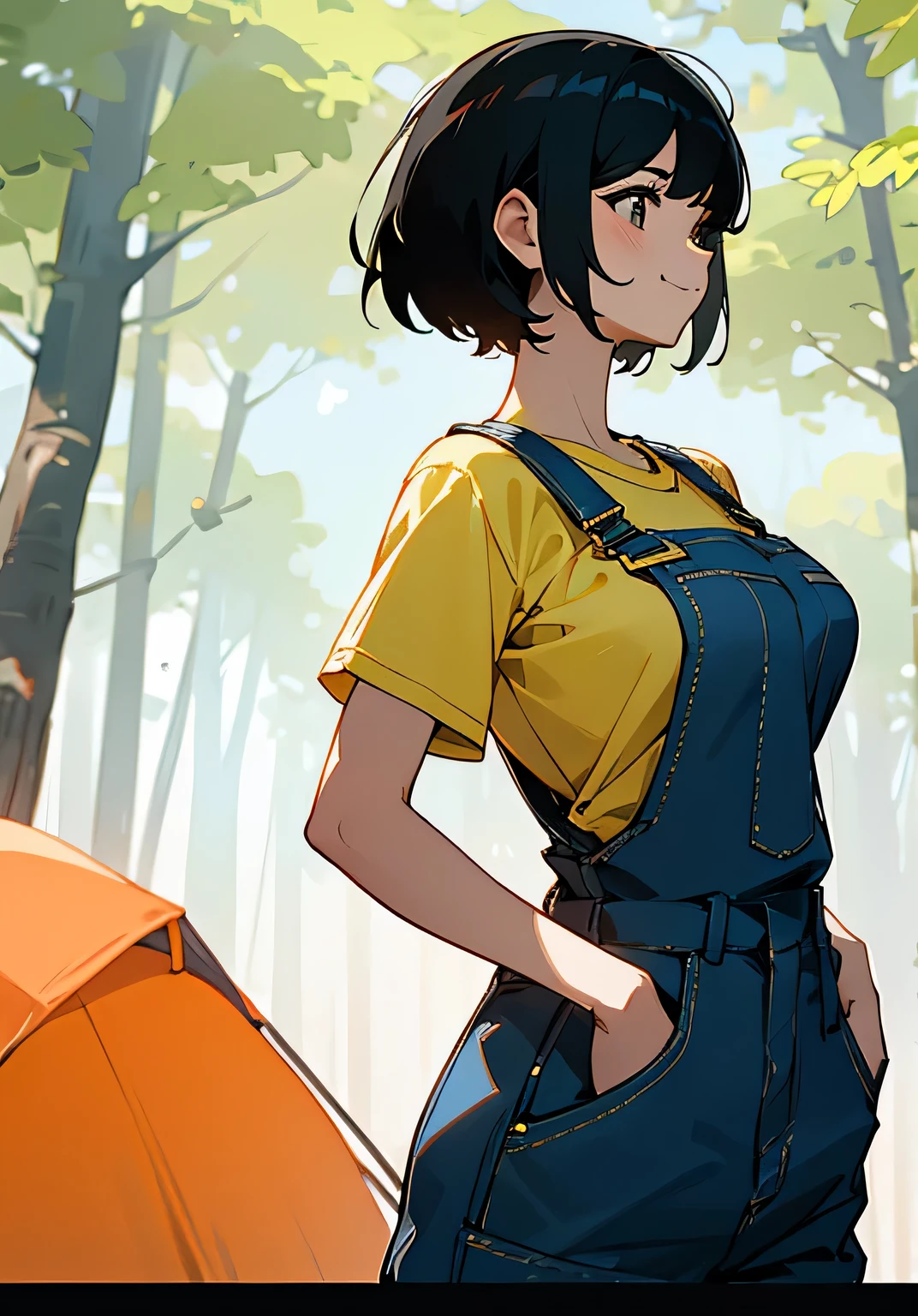 {best quality},sunny、forest、camping、black hair short cut、Female college student、Large beautiful breasts、oversized t-shirt、overalls、radiant smile、Low angle 、cowboy shot