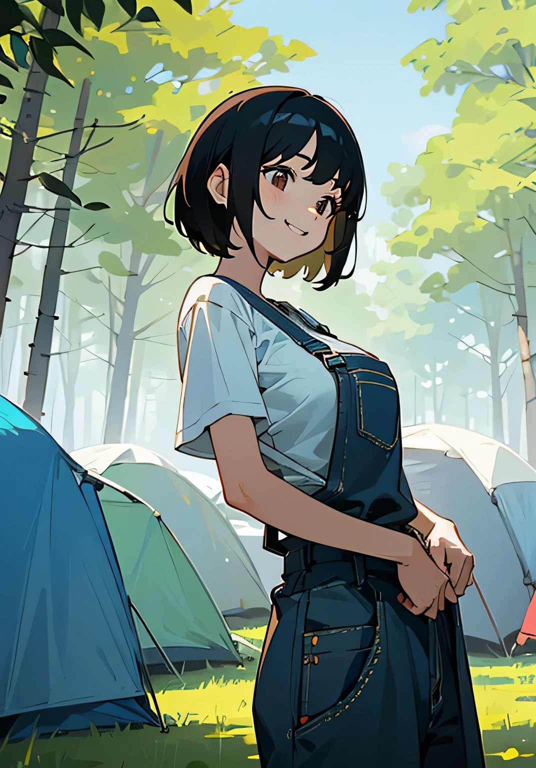 {best quality},sunny、forest、camping、black hair short cut、Female college student、Large beautiful breasts、oversized t-shirt、overalls、big smile、Low angle 、cowboy shot