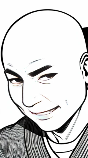 lineart, {{{Nasty face}}}, Thin cheeks, 63 years old, japanese men, bald head, Very blurry face, smile, {{{{Large, round eyes:1.5}}}}, pervert