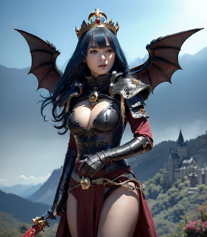 (table top), Professional , masterpiece、highest quality、realistic pictures , Depth of the bounds written (Gemstone Black Metal Body:1.9),(matte black、(cleavage)、dragonゴールドウェポン(dragonメタルボディ:1.4),gorgeous silver weapon ,(( A detailed and splendid dragon sword)) , beautiful knife ,warhammer 40k , gained sisterhood,Detail and gorgeous crown、((blue hair))、(castle background)、dragon、((ganguru forest background))、美しい白peopleの美しさ、(1people)、dynamic angle,(((An exquisite and gorgeous black devil crown)))、small head、laughter、castle background、slender and beautiful woman's hands、cleavage、Soldier in iron armor on the background、mysterious look、light effect、fierce battle、Wind effect、magic circle、With the legendary magic wand、(devil's wings)、(blue hair)、(solo)、