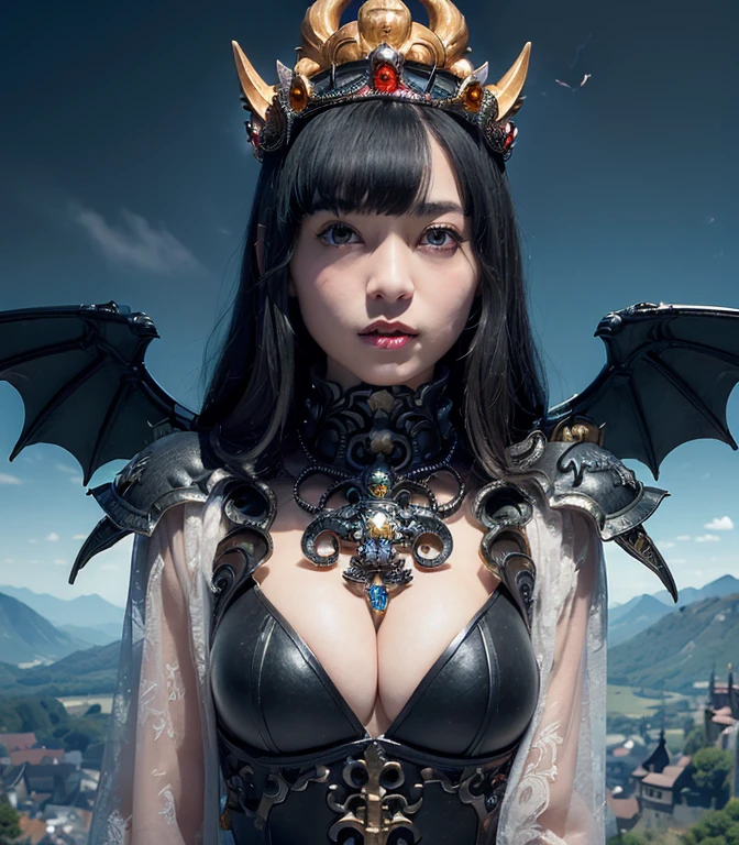 Professional , ​masterpiece、top-quality、photos realistic , depth of fields （Gemstone Black Metal Body:1.９),(Enamel Black、（cleavage of the breast）、（Chinese Dragon）、Dragon Gold Weapon（Dragon Metal Body:1.４),Gorgeous gold weapons ,（（ Dragon's dense and gorgeous sword）） , Beautiful knife   ,warhammer 40k , adepta sororitas,Detail and gorgeous crown、（（Brown hair））、（）、（Castle background）、The dragon、（（Gangle's forest background））、Beautiful Caucasian beauty、（１a person）、dynamic ungle,(((Detailed and ornate Black Devil Crown)))、Smaller head、A smile、Castle background、Thin and beautiful female hands、cleavage of the breast、Mystical expression、Light Effects、Wind-effect、magic circles、With the legendary magic wand、（demonic wings）、Toostock、Look at viewers、