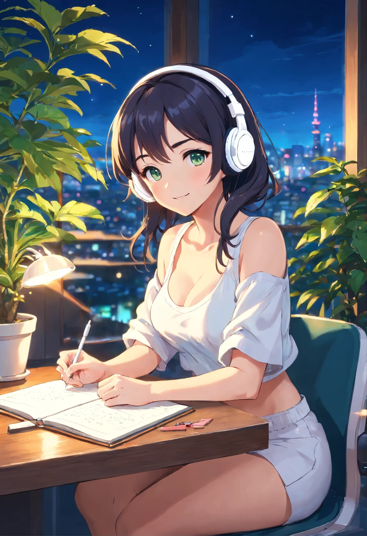 Anime girl with a slender yet feminine figure, (wearing white headphones:1.4), smiling, sitting on a chair, (writing a diary:1.4), holding a pen in her right hand, her left elbow bent with hand slightly raised not holding a pen, short ponytail, black hair, 24 years old, wearing a white fitted and cropped camisole that exposes her midriff and reveals her shoulders and cleavage, (Exposed cleavage:1.3), big breasts G-cup, (revealing skin:1.5), lofi girl anime vibes, lofi artstyle, anime style 4k, anime aesthetic, nightcore, lofi feel, lofi art, anime art wallpaper 4k, anime wallpaper 4k, lofi vibes, surrounded by many potted plants and greenery, creating a soothing green and blue toned space, sitting at a neatly organized desk, a lighted candle on the table, Tokyo view, city view, with a view of a large caldera, at night, smile, anime style, Sony FE GM, masterpiece, best quality, 4K