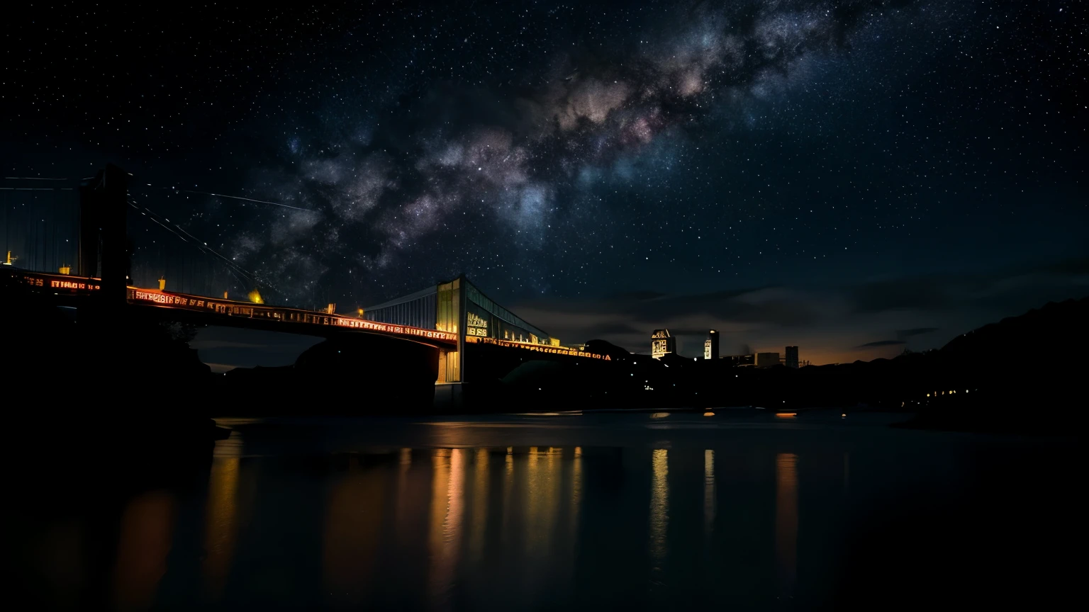 tech noir, masterpiece, best quality, 8k wallpaper, super detailed, low saturated colors, Simple and neat design, Dark and moody atmosphere, breathtakingly beautiful, background only, suspension bridge, starry sky