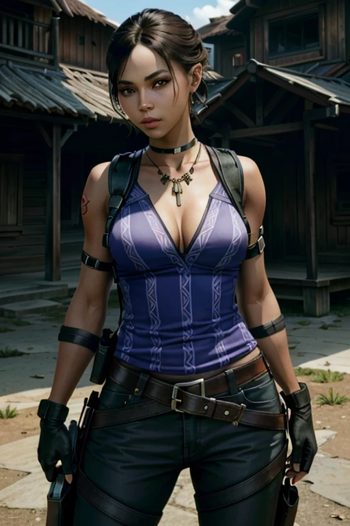 (masterpiece, highest quality)
Sheva RE, 1 girl, gloves, jewelry, fingerless gloves, earrings, short hair, tattoo, holster, black skin, pants, shoulder holster, realistic, black hair, black skin, ((Countless many manytentacles cling to your body))